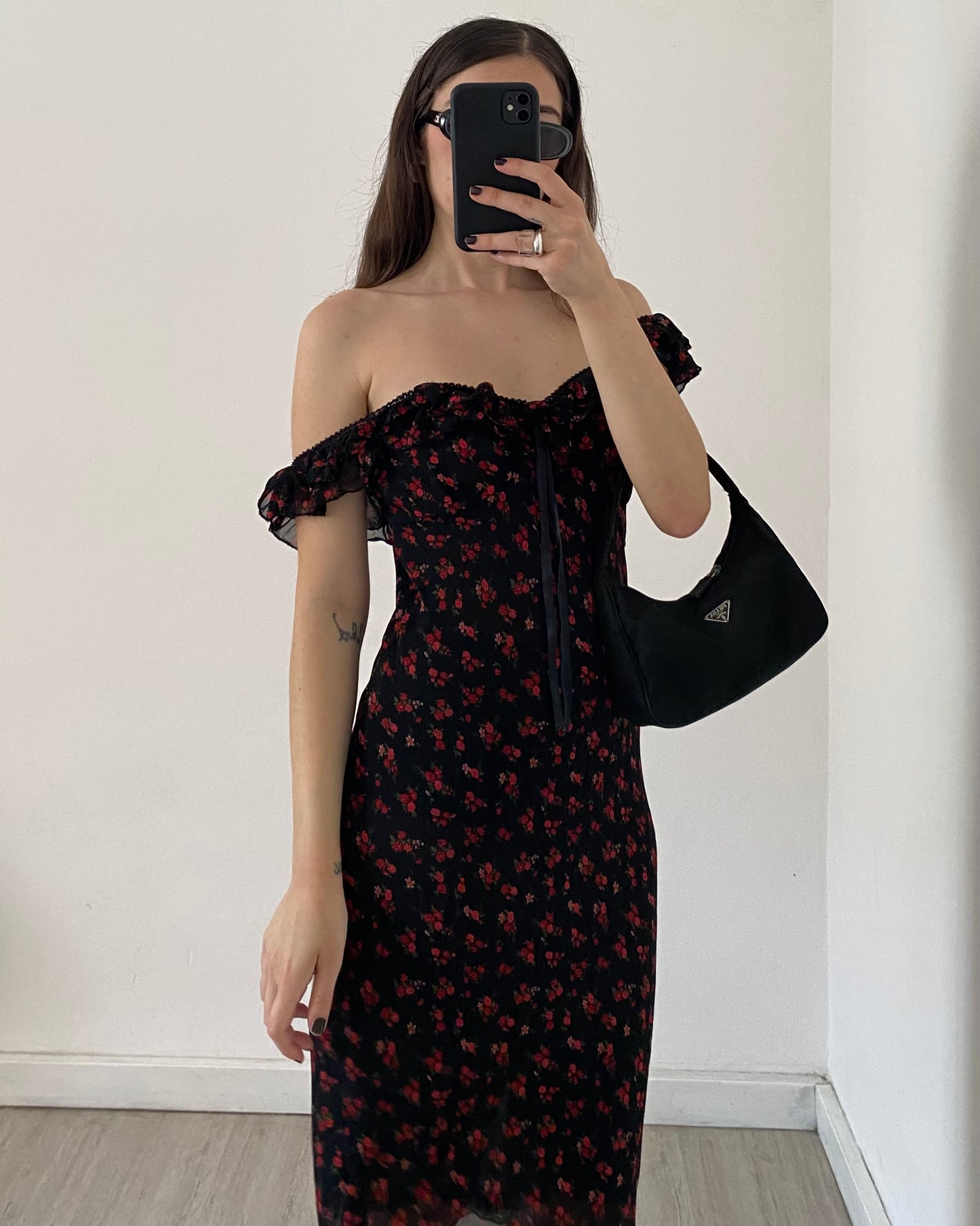 00s ruched dress with flower pattern