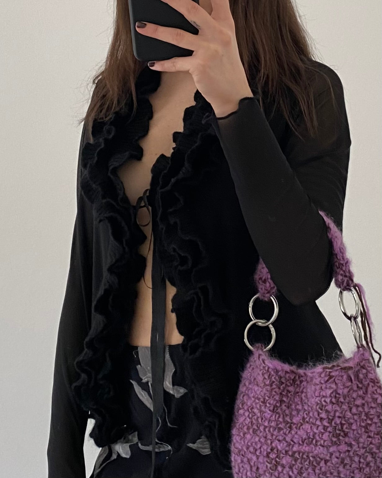 Micro mesh sheer top with frill neckline