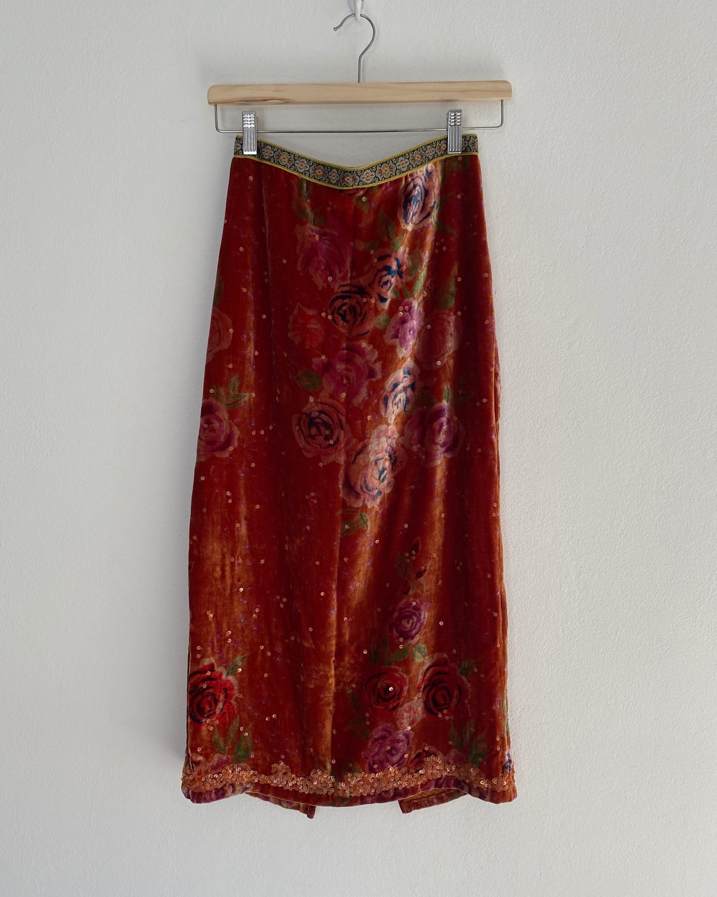 Embellished silk and velvet midi skirt