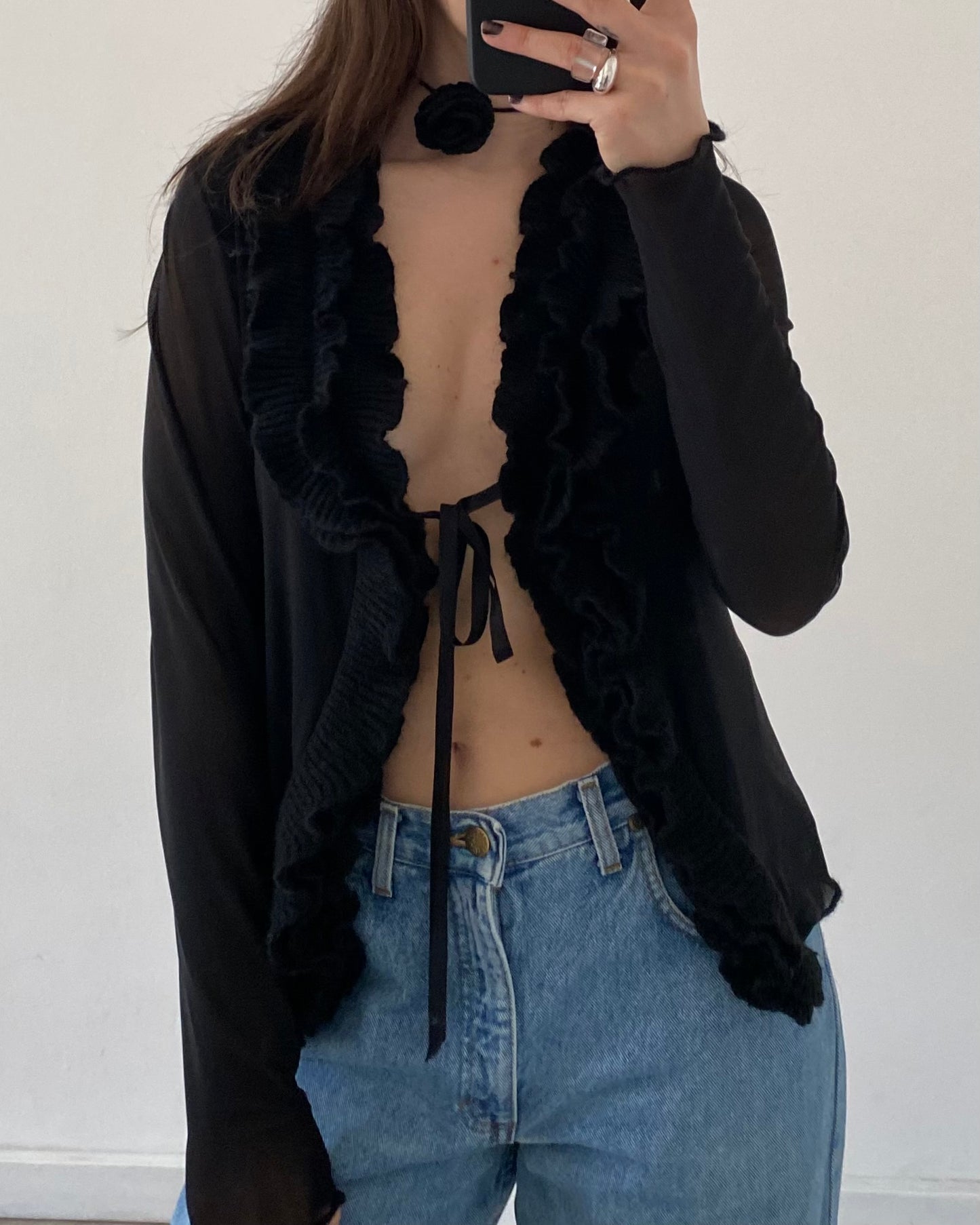 Micro mesh sheer top with frill neckline