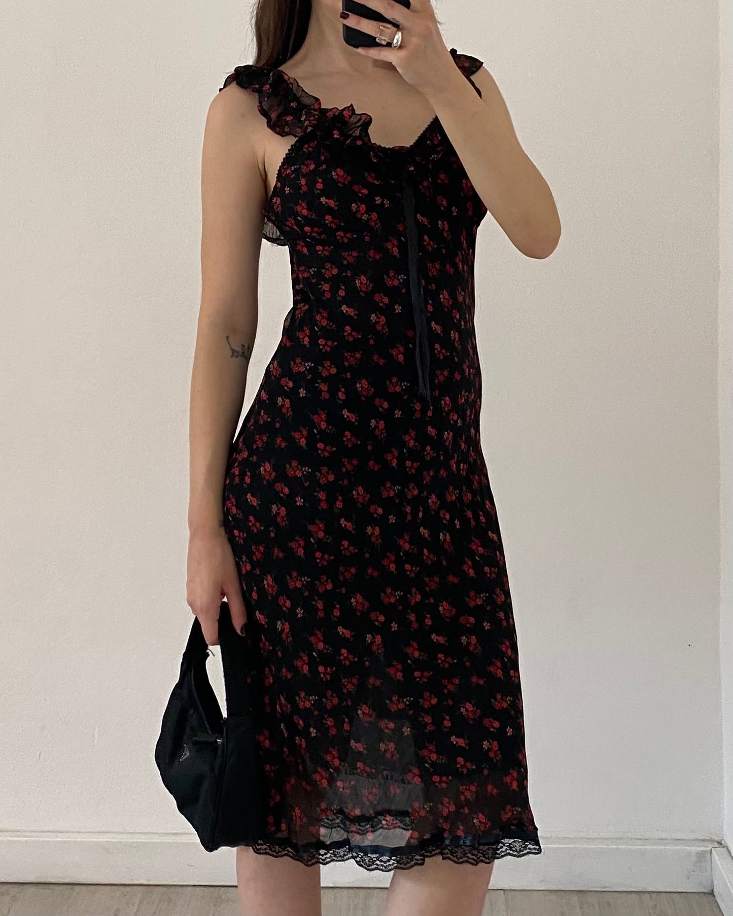 00s ruched dress with flower pattern