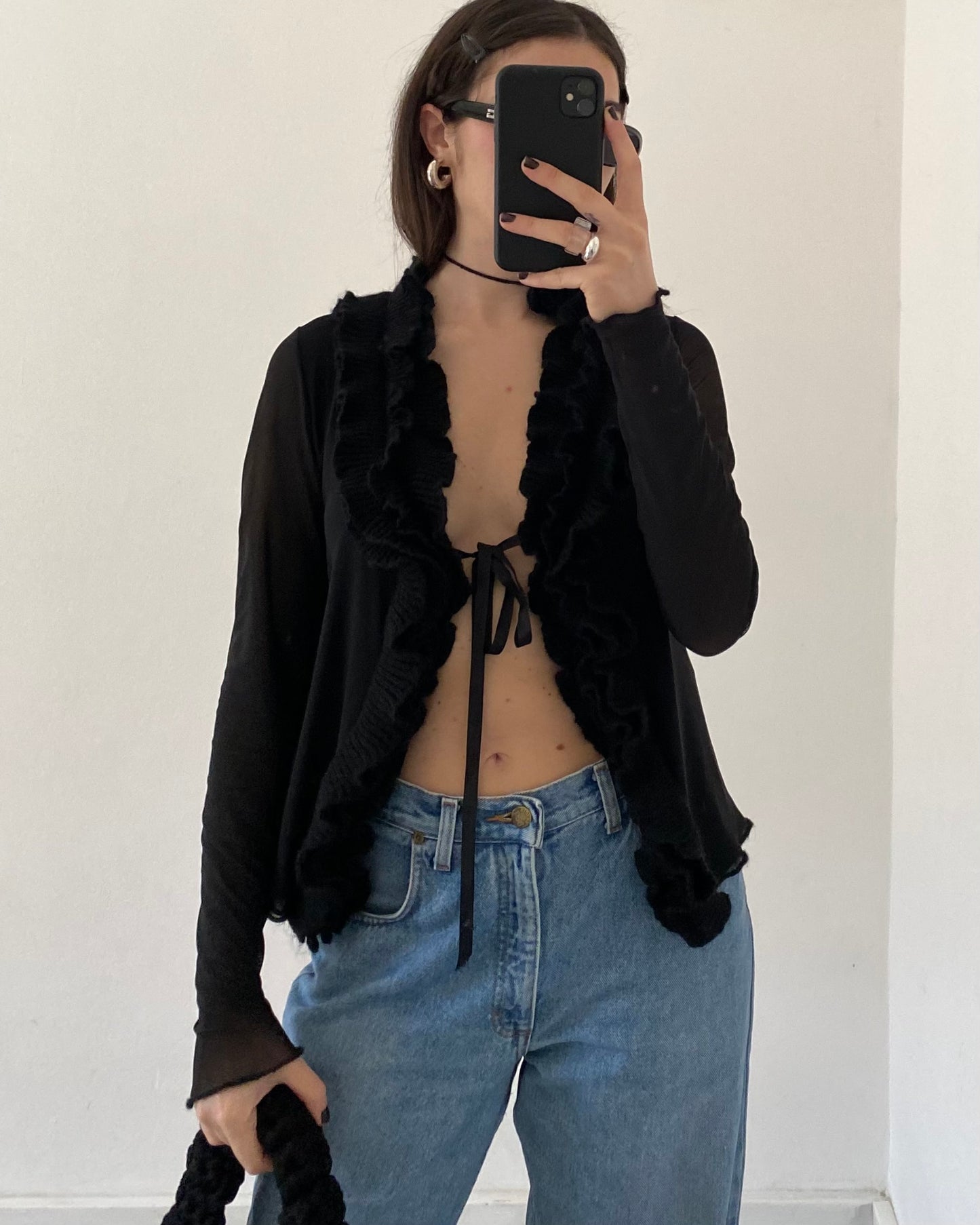 Micro mesh sheer top with frill neckline