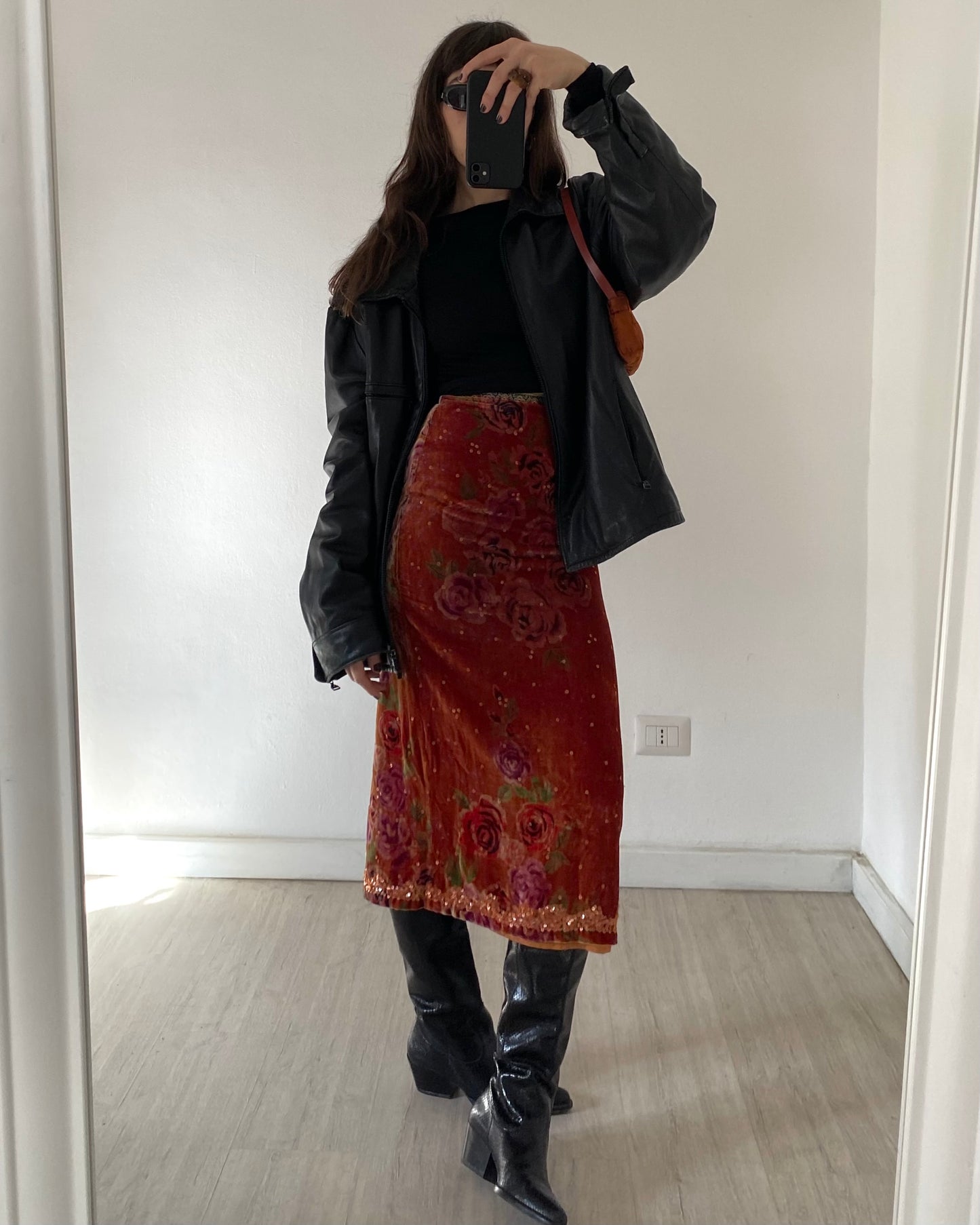 Embellished silk and velvet midi skirt