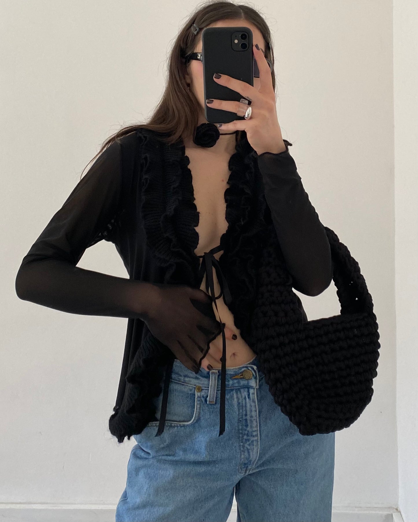 Micro mesh sheer top with frill neckline