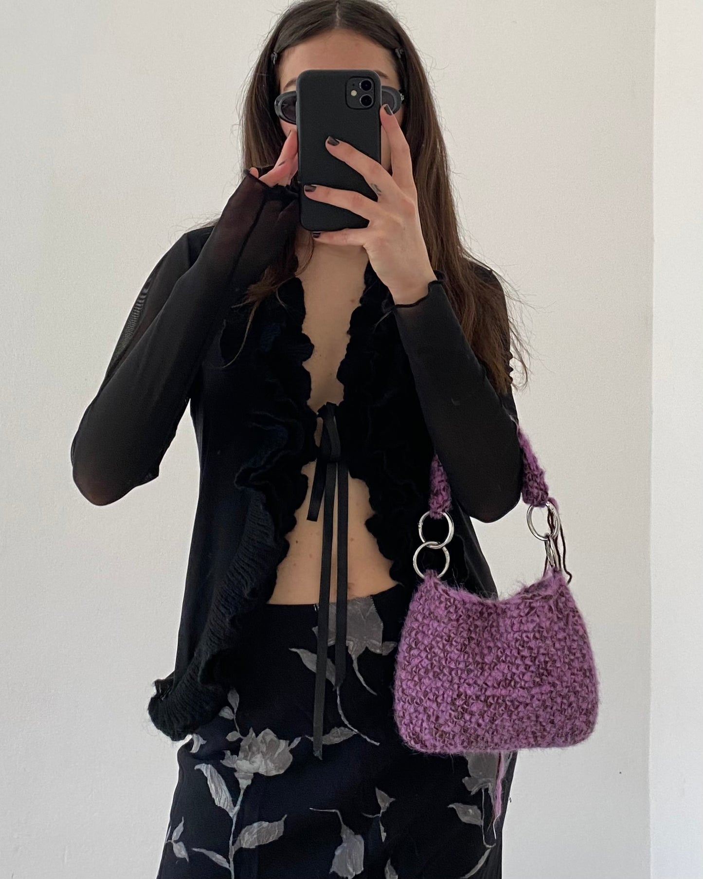 Micro mesh sheer top with frill neckline