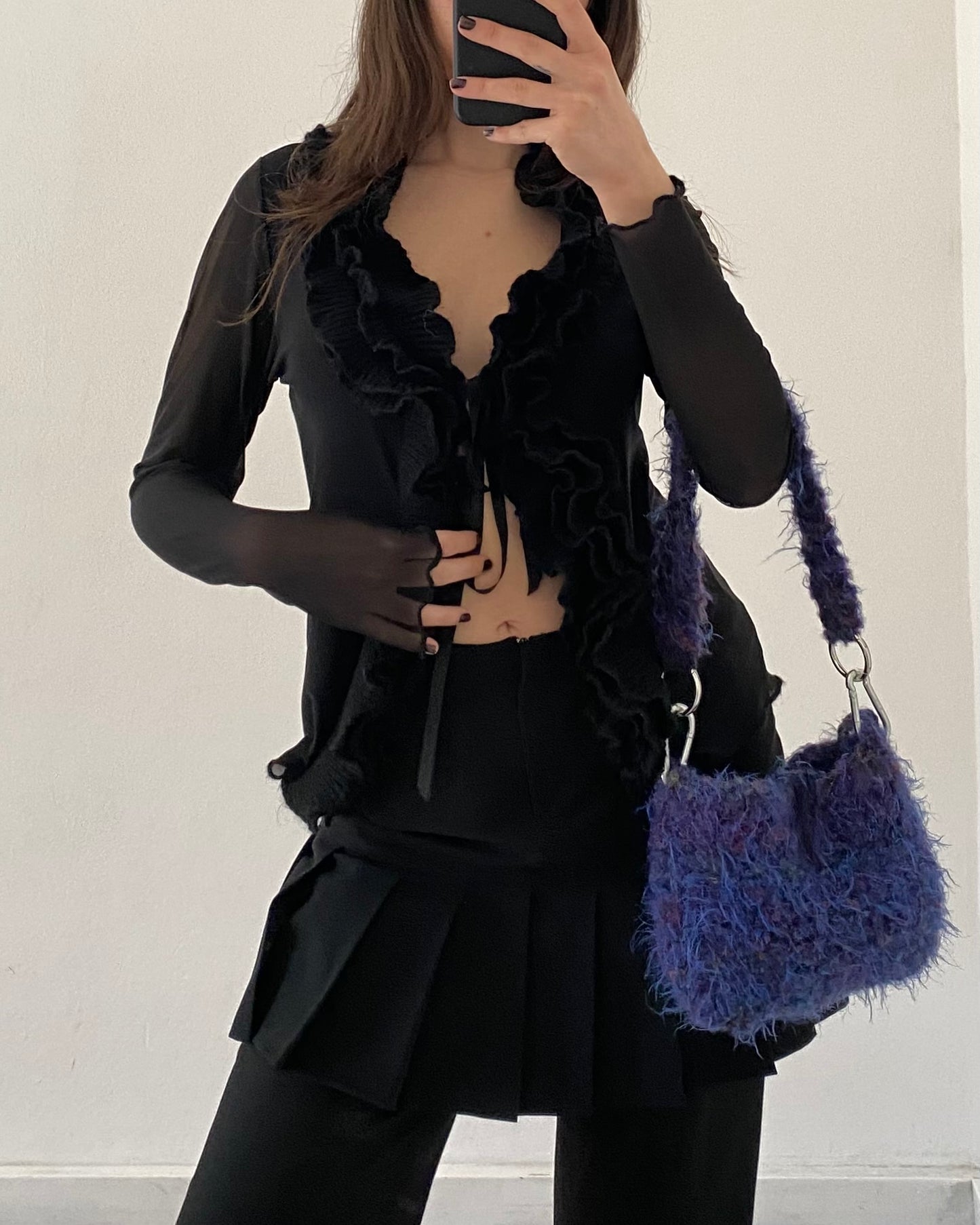 Micro mesh sheer top with frill neckline