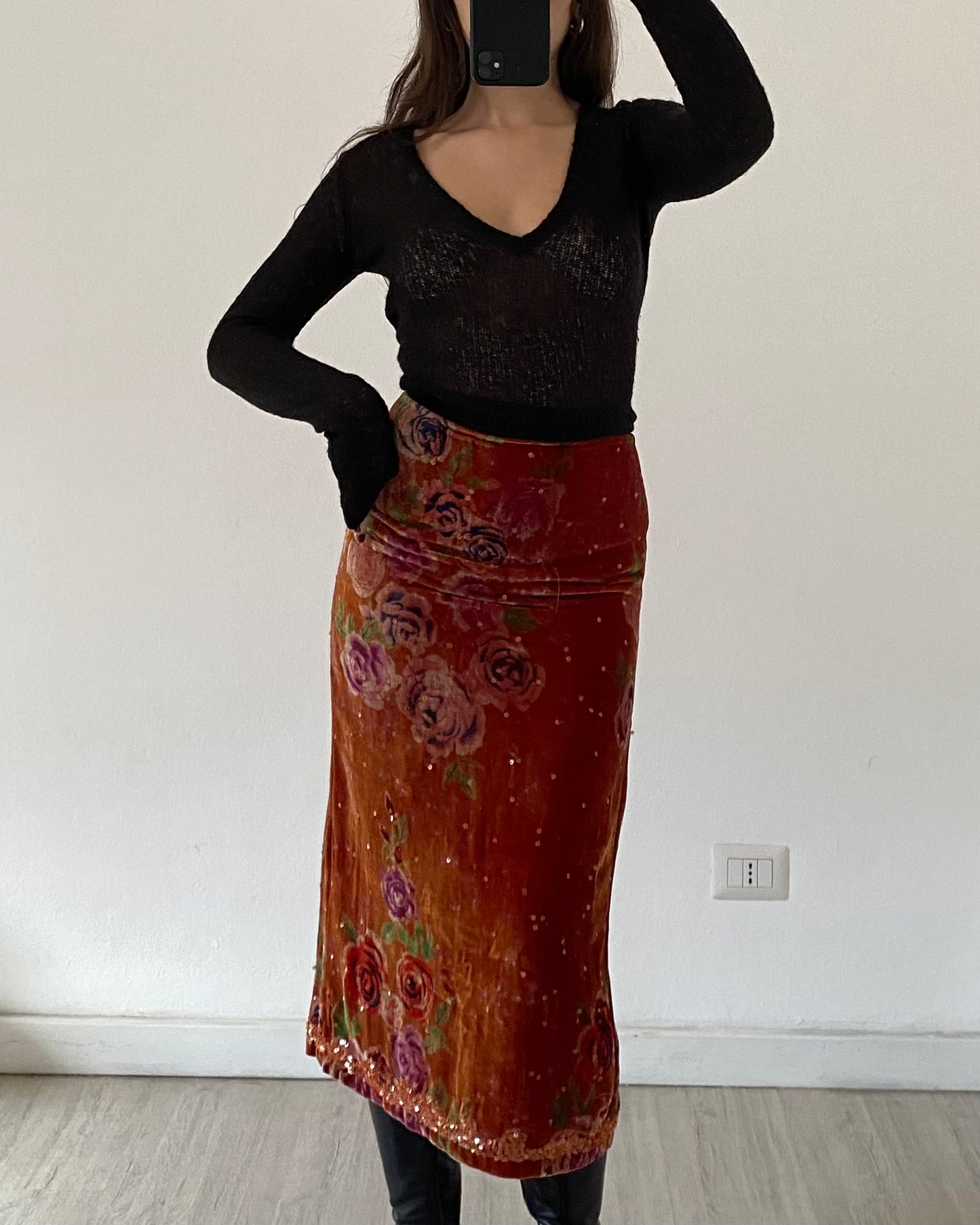 Embellished silk and velvet midi skirt