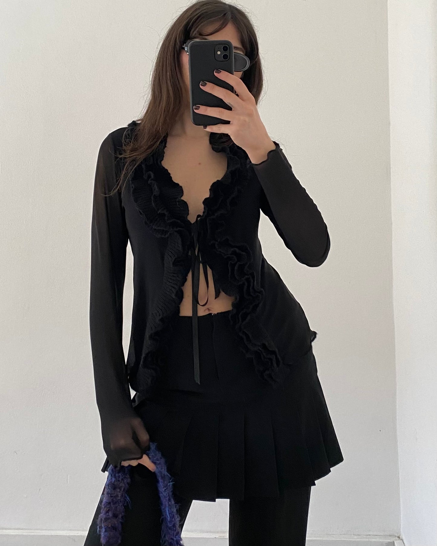 Micro mesh sheer top with frill neckline