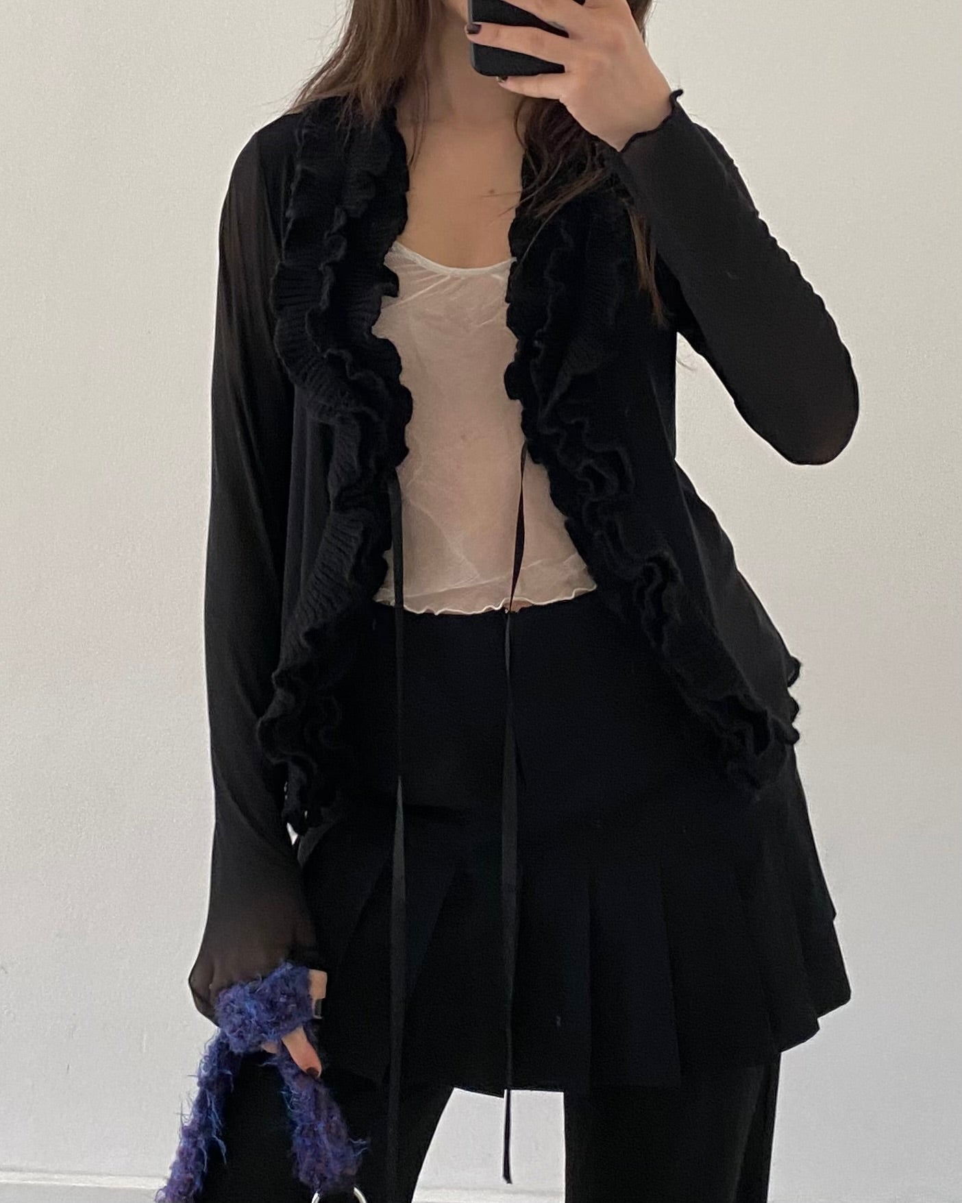 Micro mesh sheer top with frill neckline