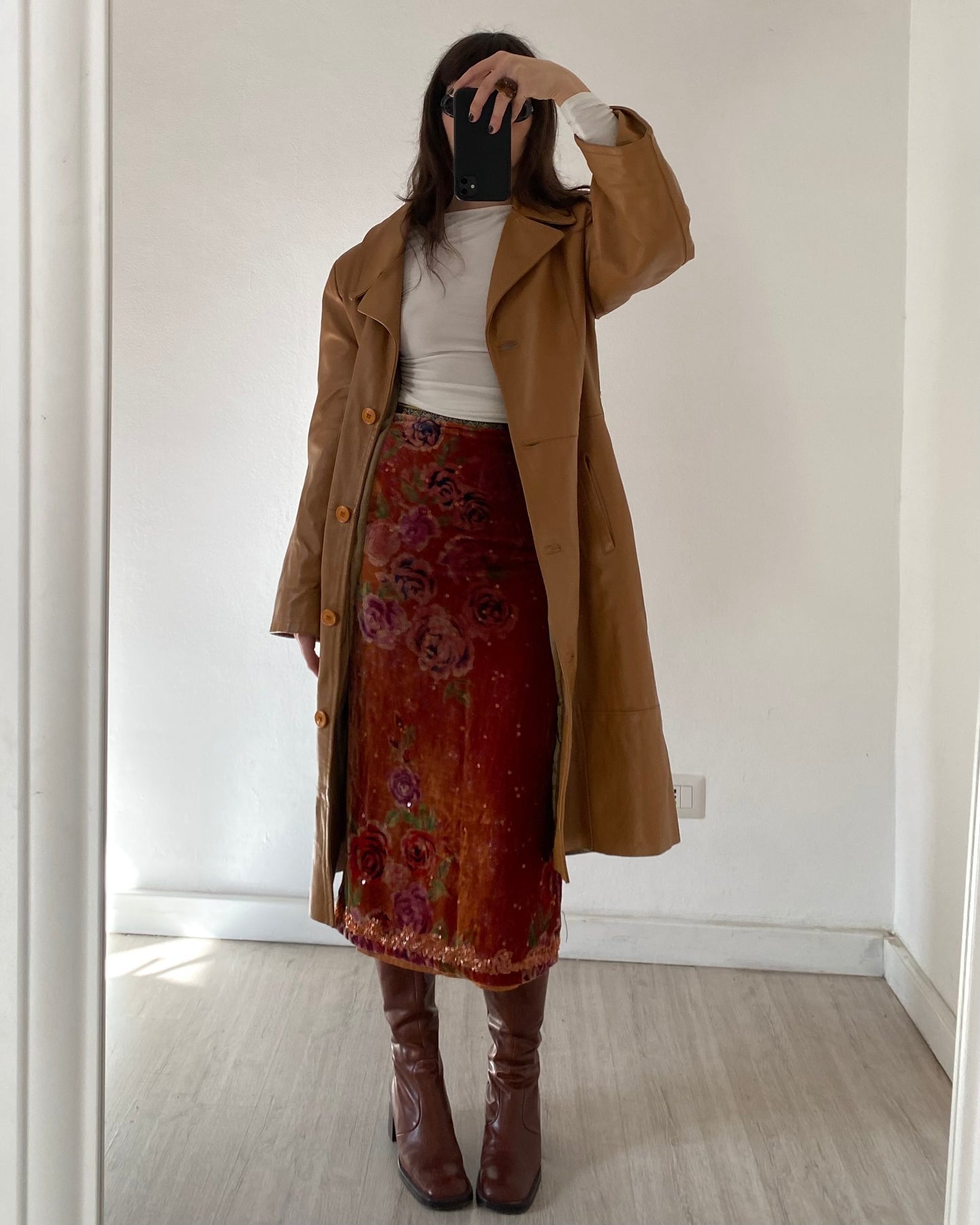 Embellished silk and velvet midi skirt