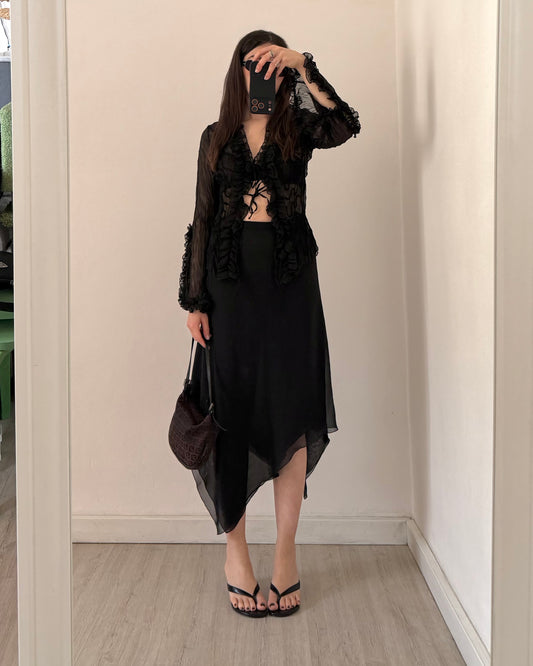 Sheer crinkle lace up blouse