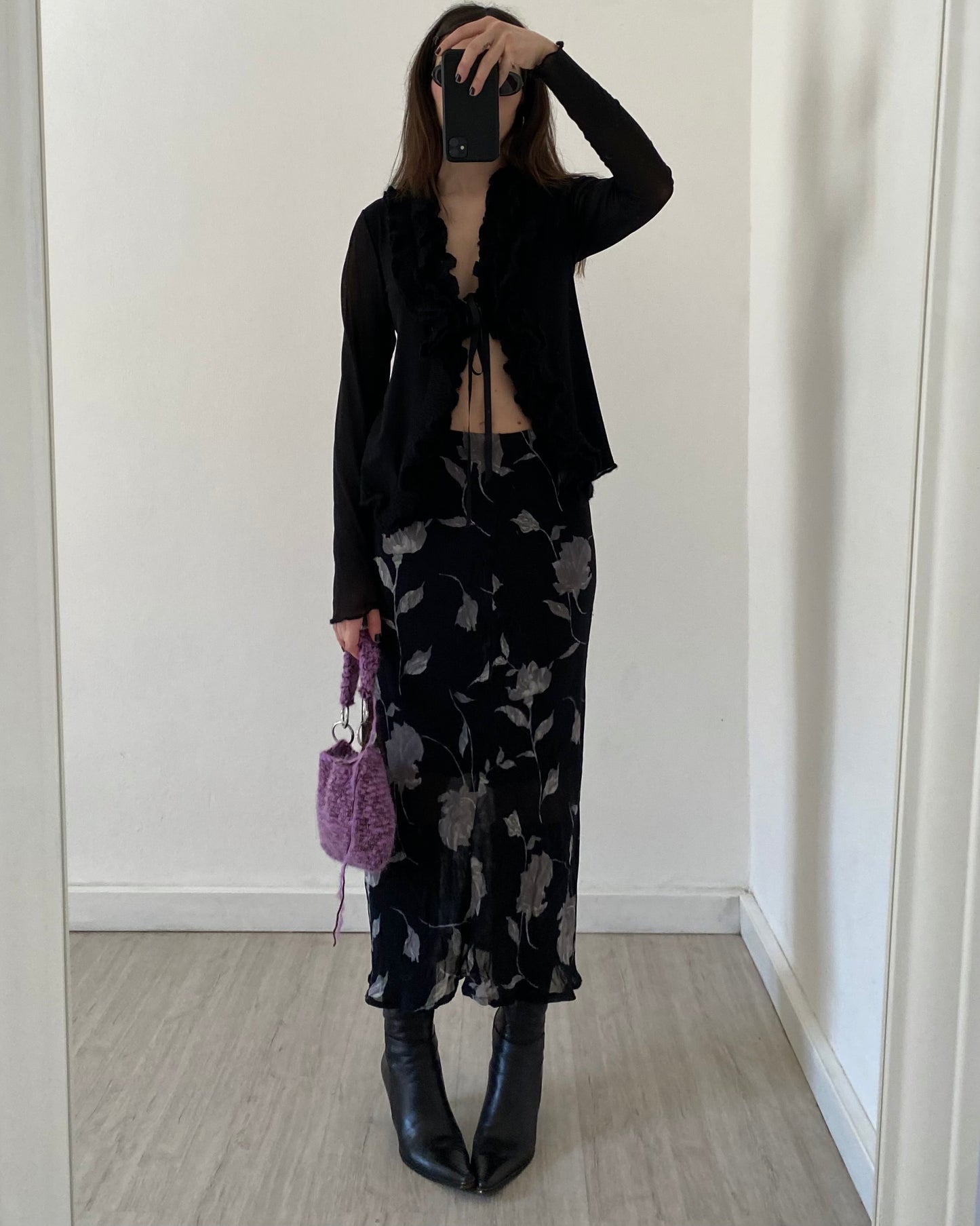 Micro mesh sheer top with frill neckline