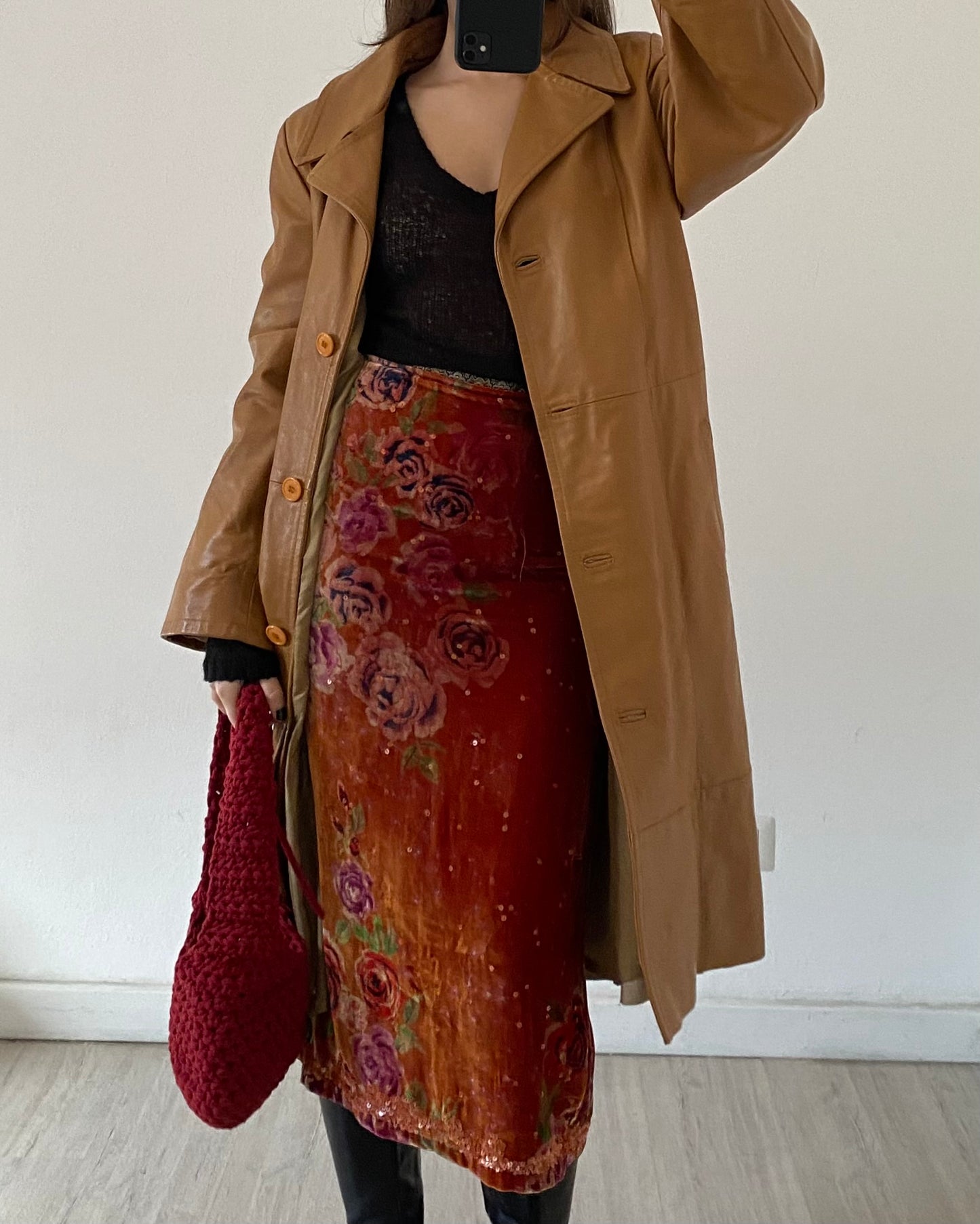 Embellished silk and velvet midi skirt