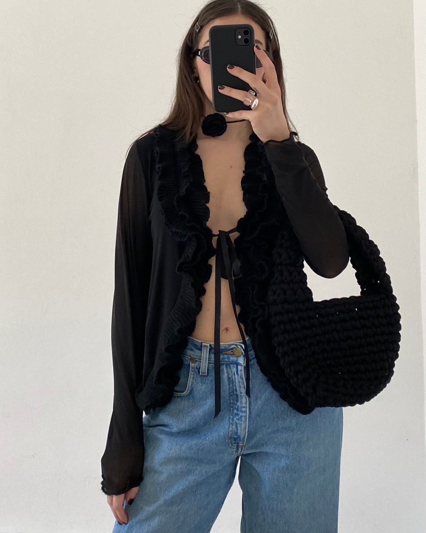 Micro mesh sheer top with frill neckline