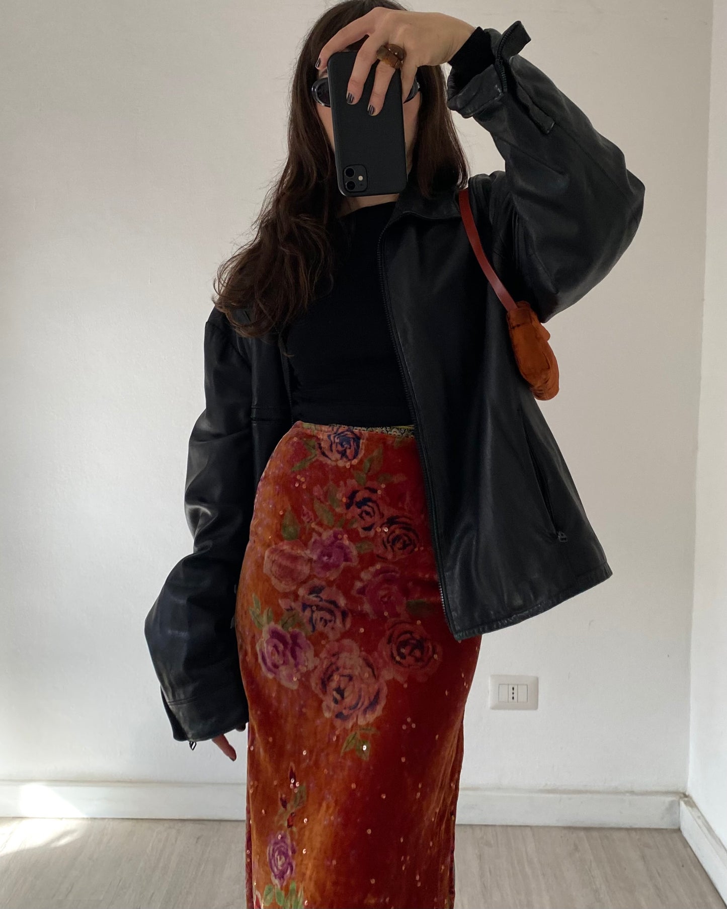 Embellished silk and velvet midi skirt