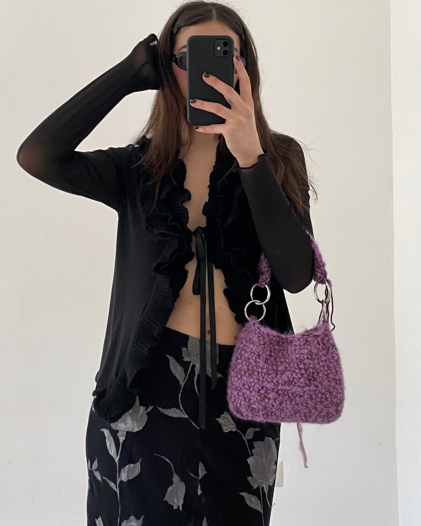 Micro mesh sheer top with frill neckline