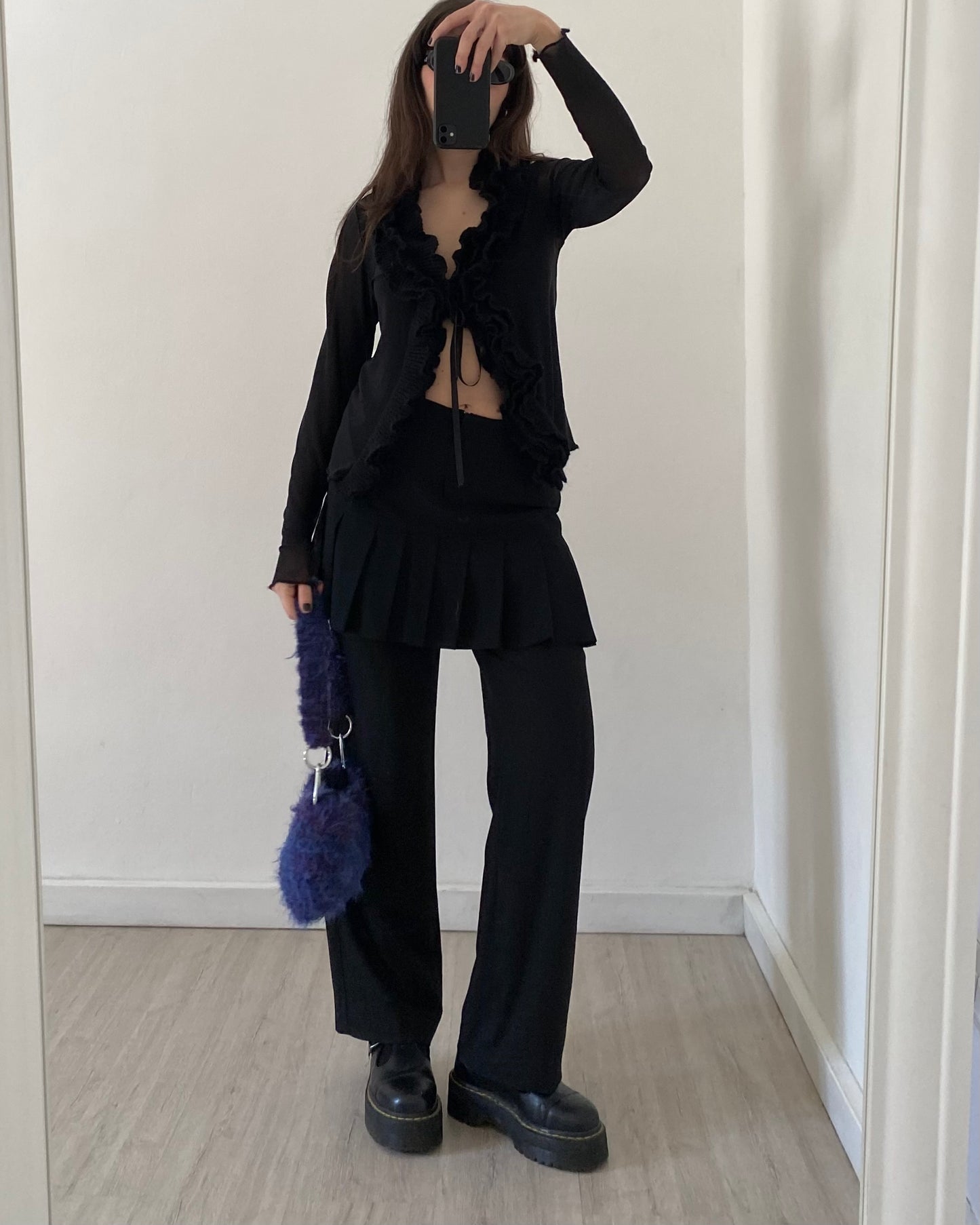 Micro mesh sheer top with frill neckline