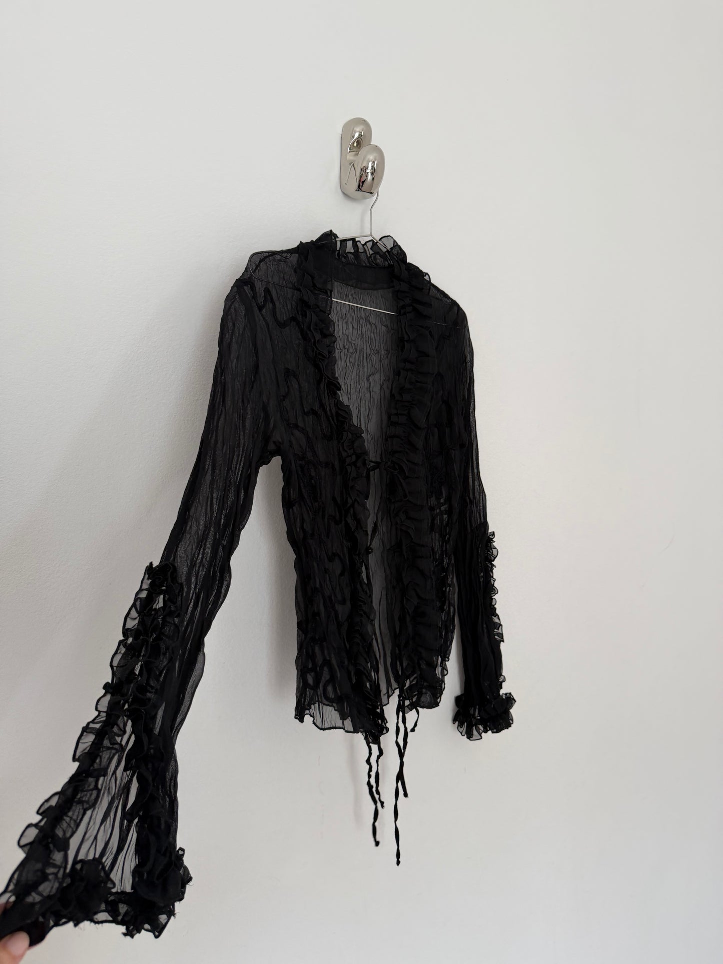 Sheer crinkle lace up blouse