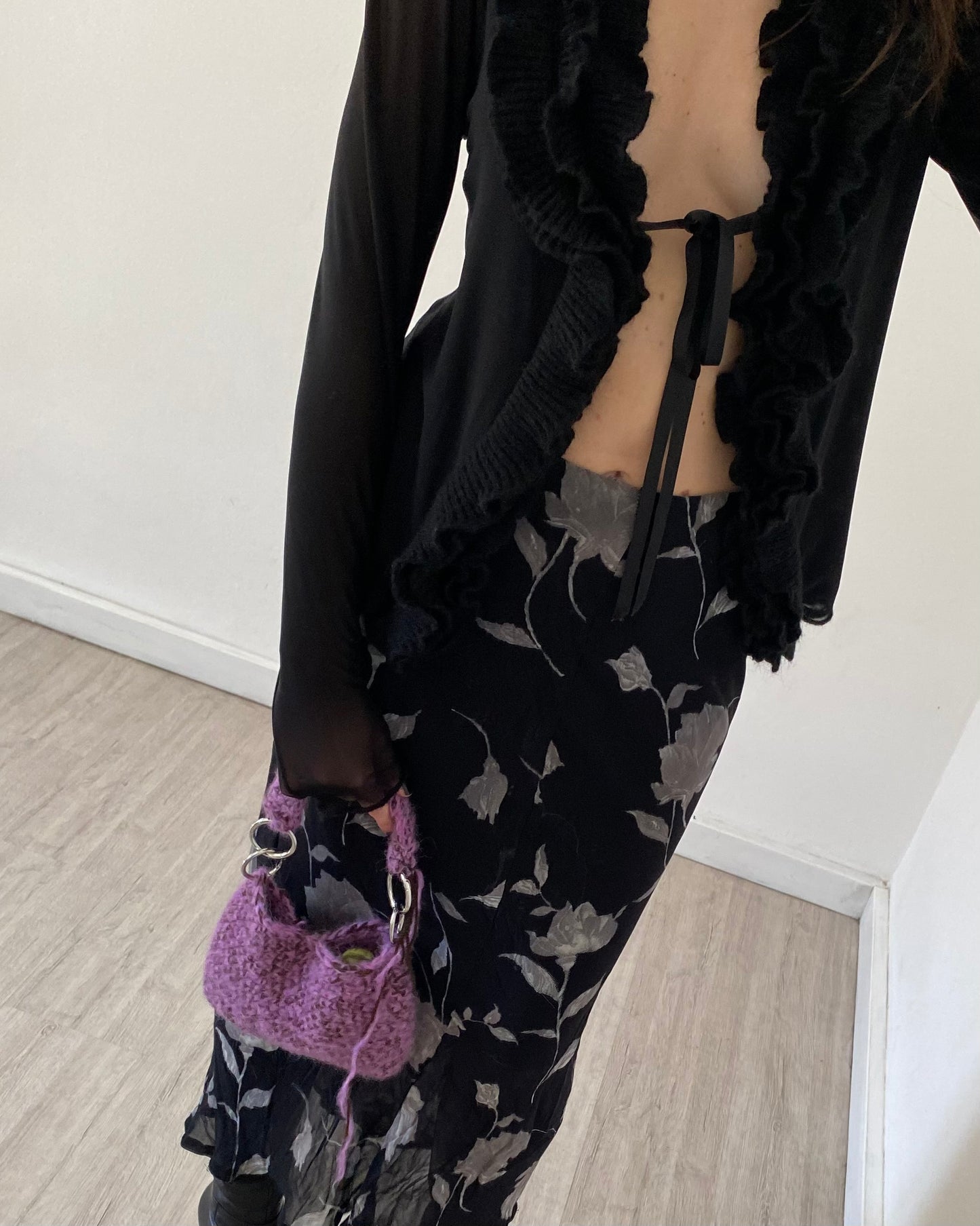 Micro mesh sheer top with frill neckline