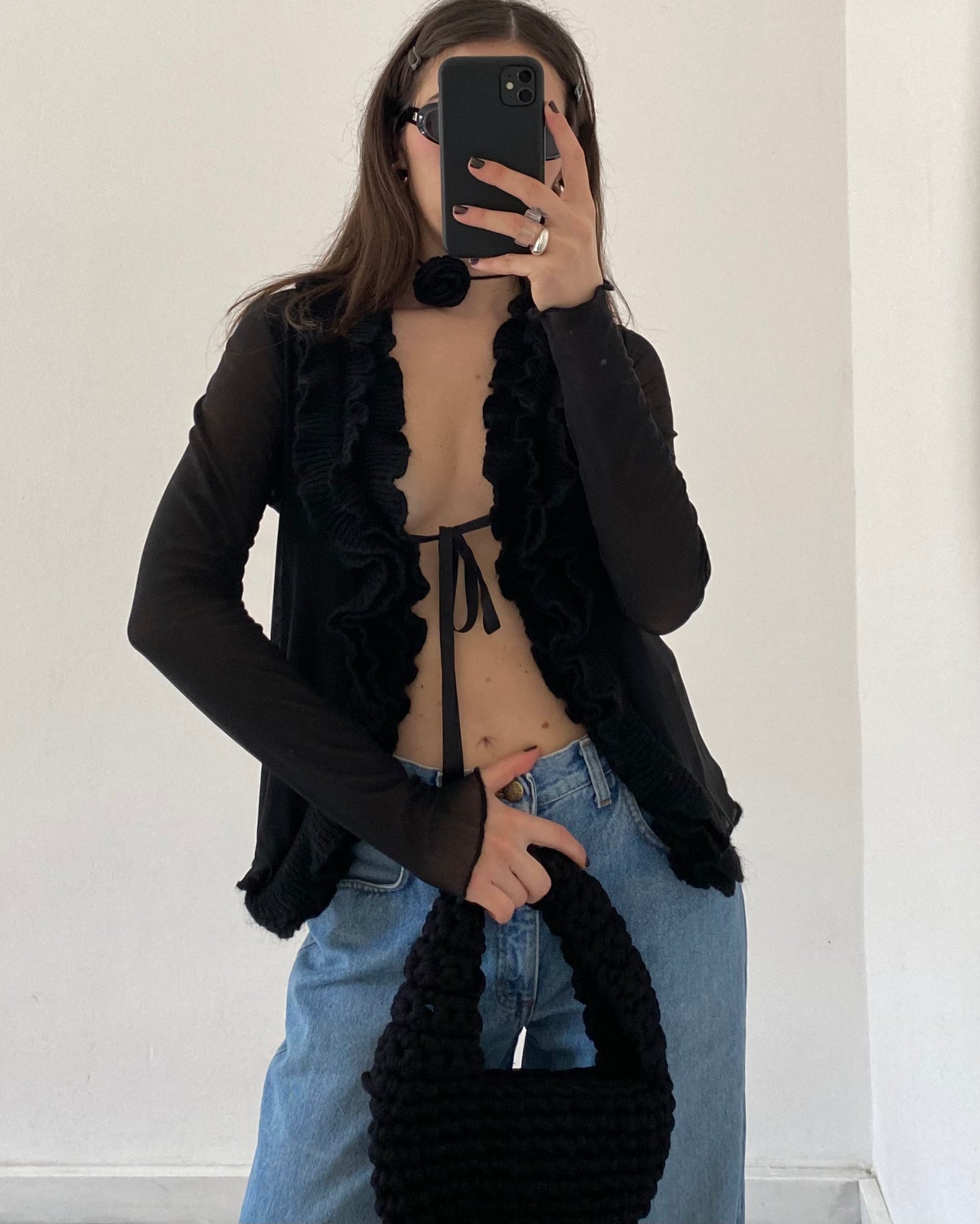 Micro mesh sheer top with frill neckline