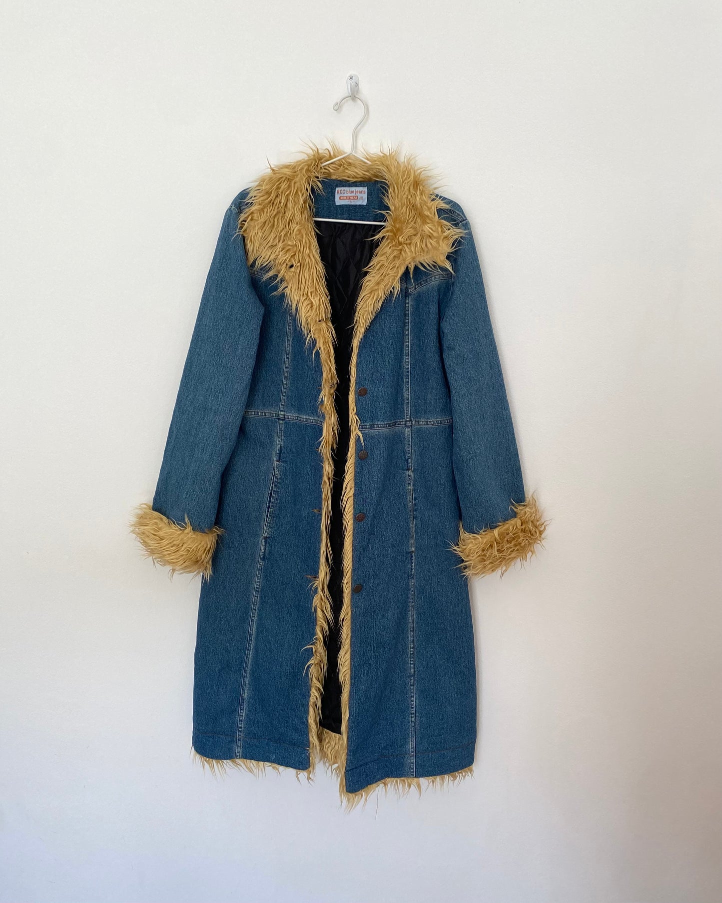 00s long denim coat with faux fur