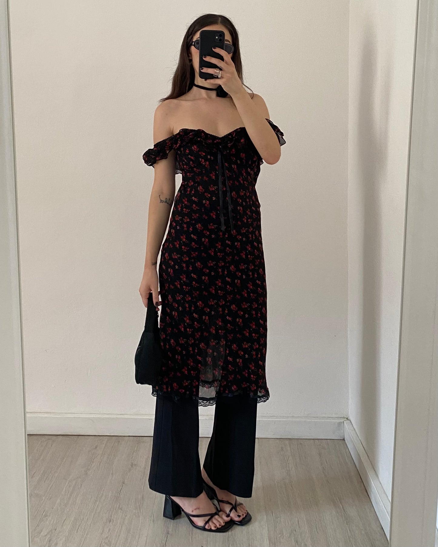 00s ruched dress with flower pattern