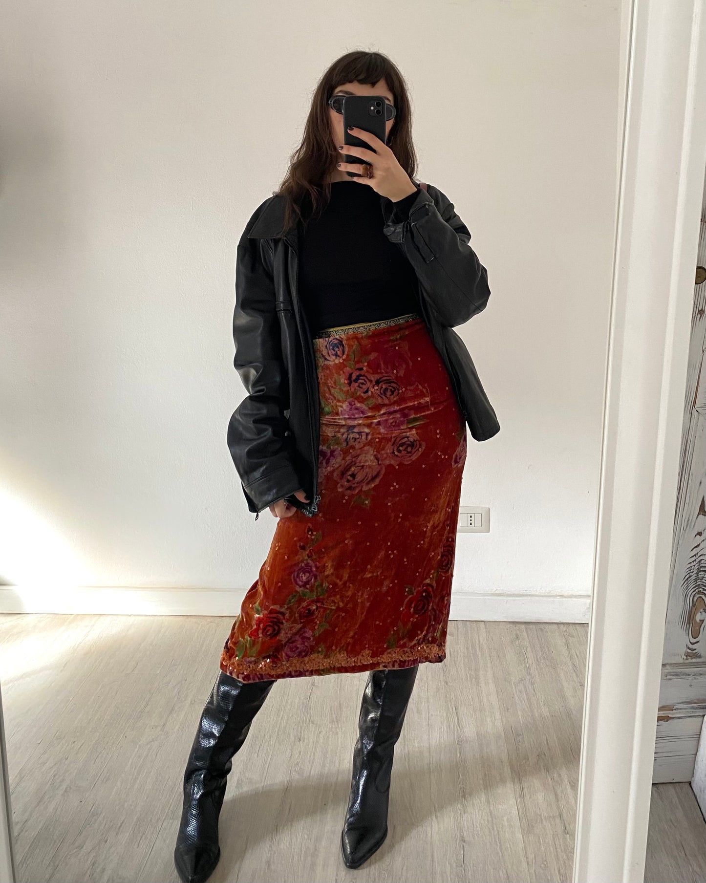 Embellished silk and velvet midi skirt
