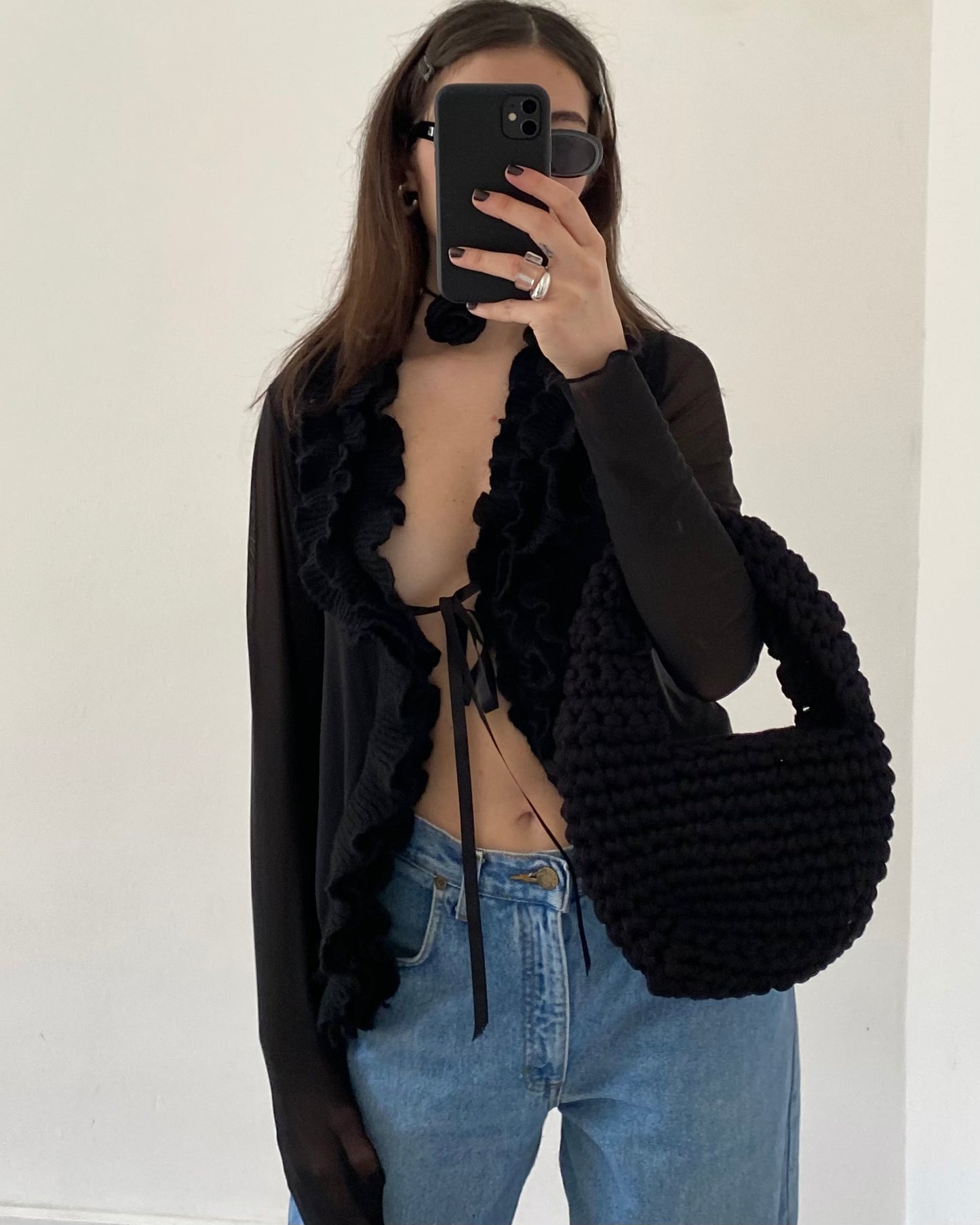 Micro mesh sheer top with frill neckline