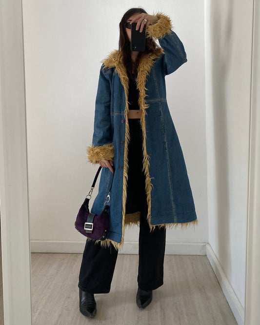 00s long denim coat with faux fur