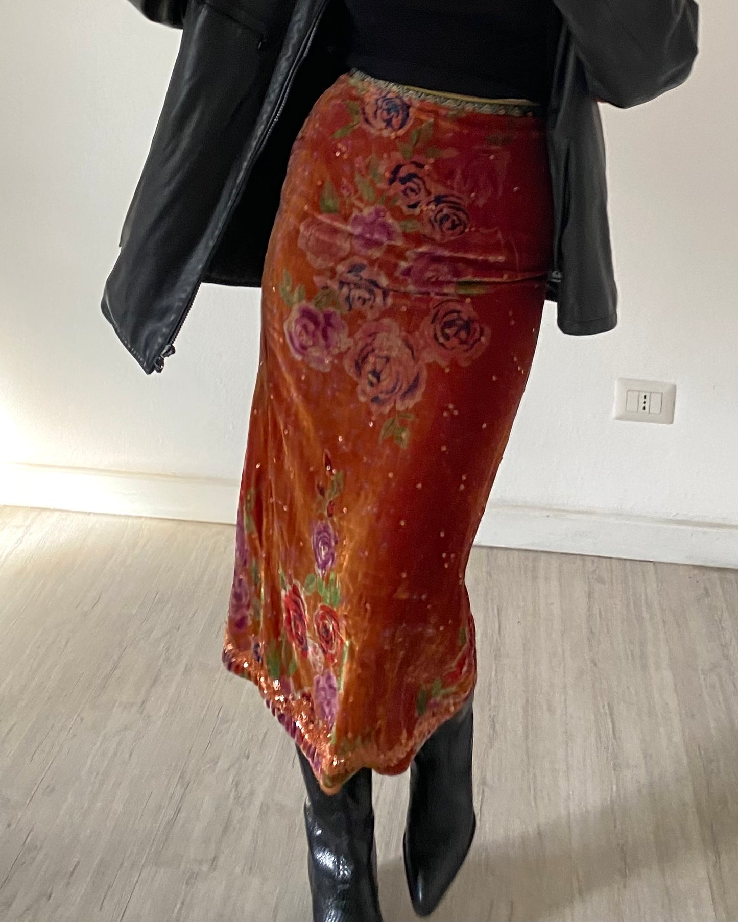 Embellished silk and velvet midi skirt