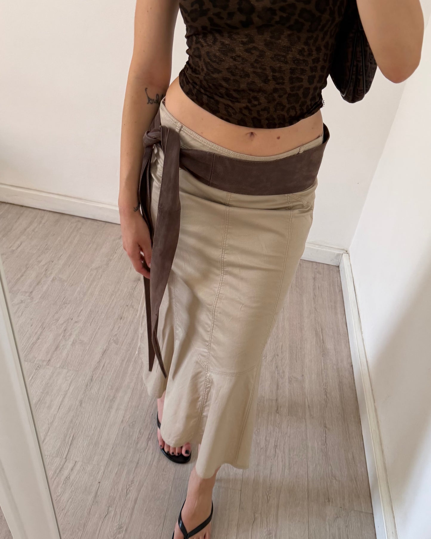 Beige cotton midi skirt