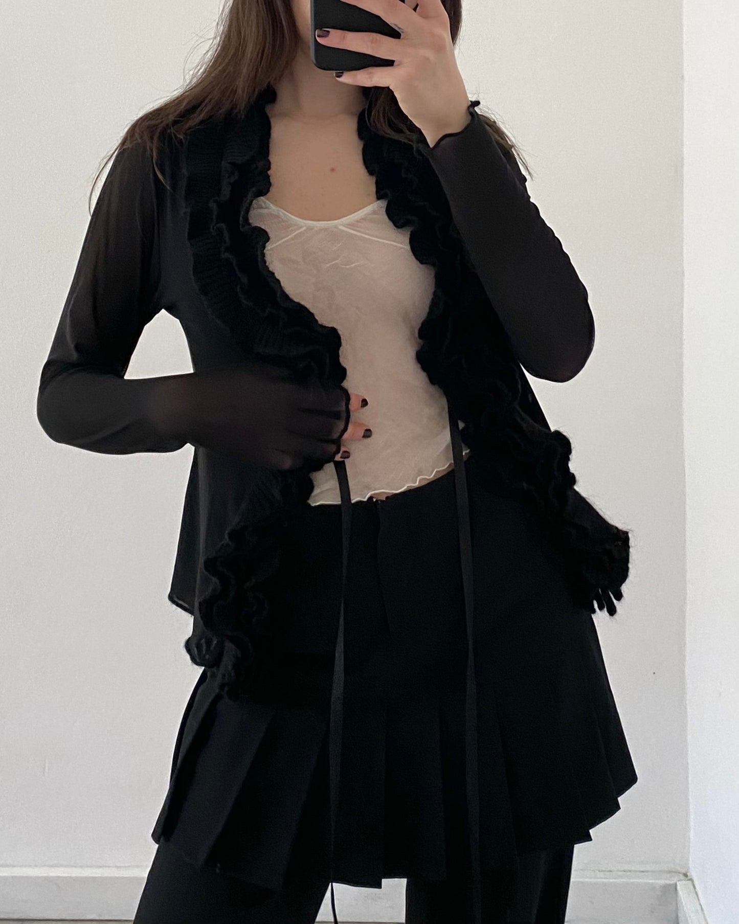 Micro mesh sheer top with frill neckline