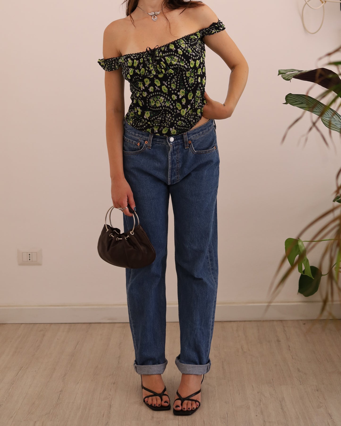 Y2k brown ruched mini bag with metal ring