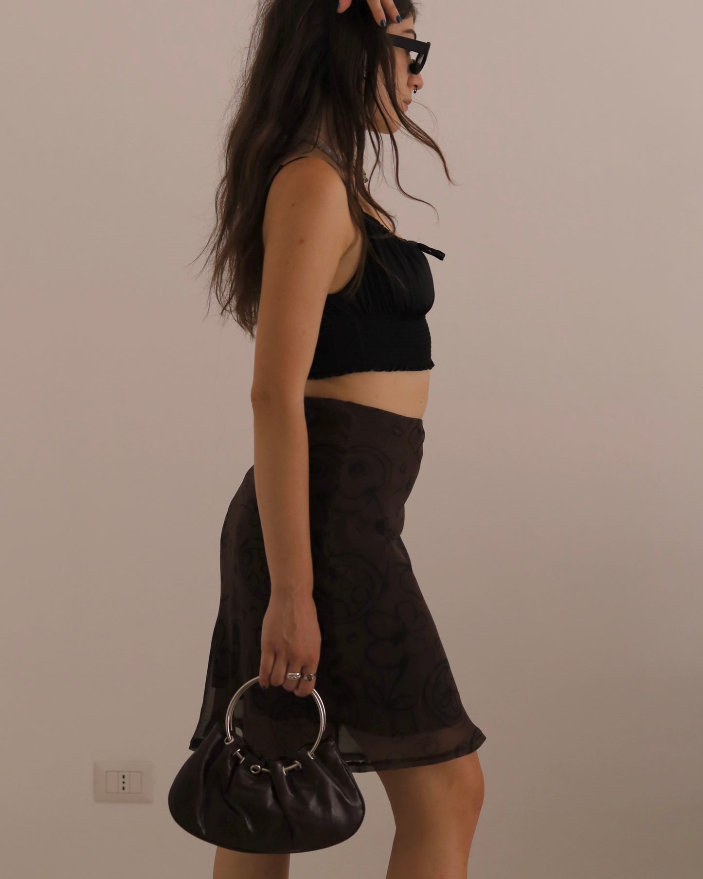 Y2k brown ruched mini bag with metal ring