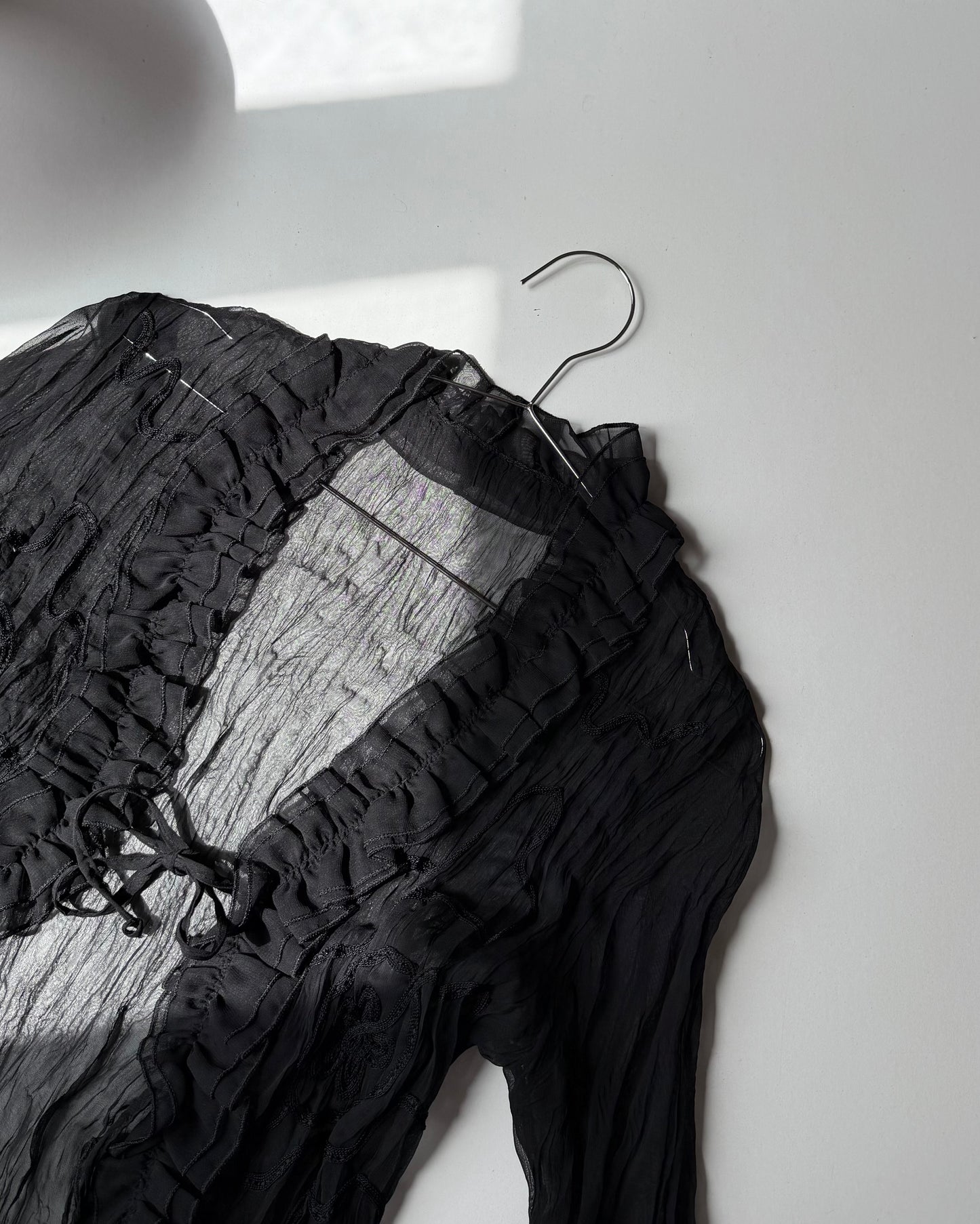 Sheer crinkle lace up blouse