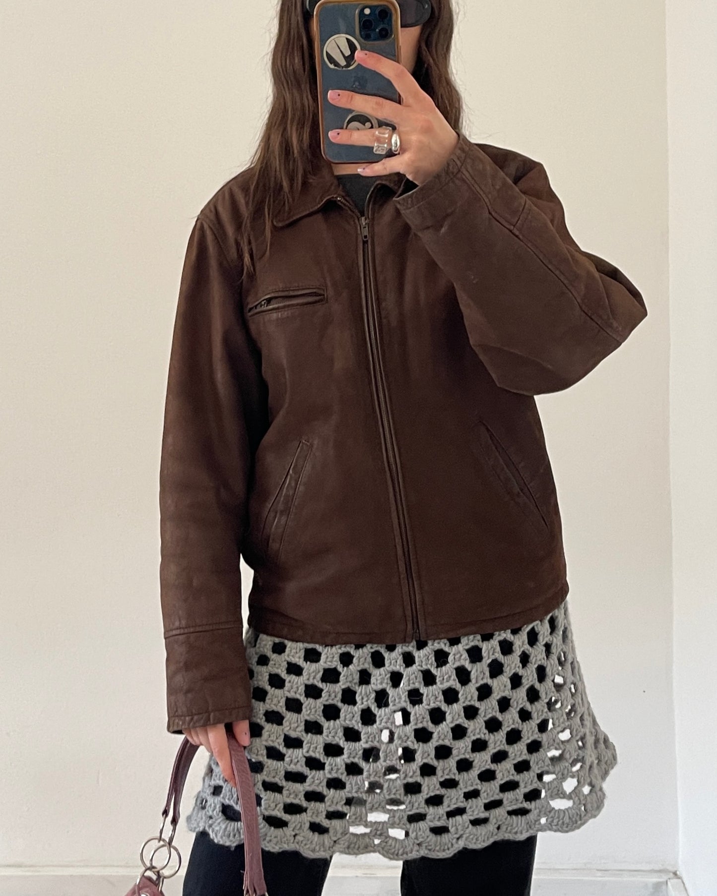 Brown leather bomber jacket