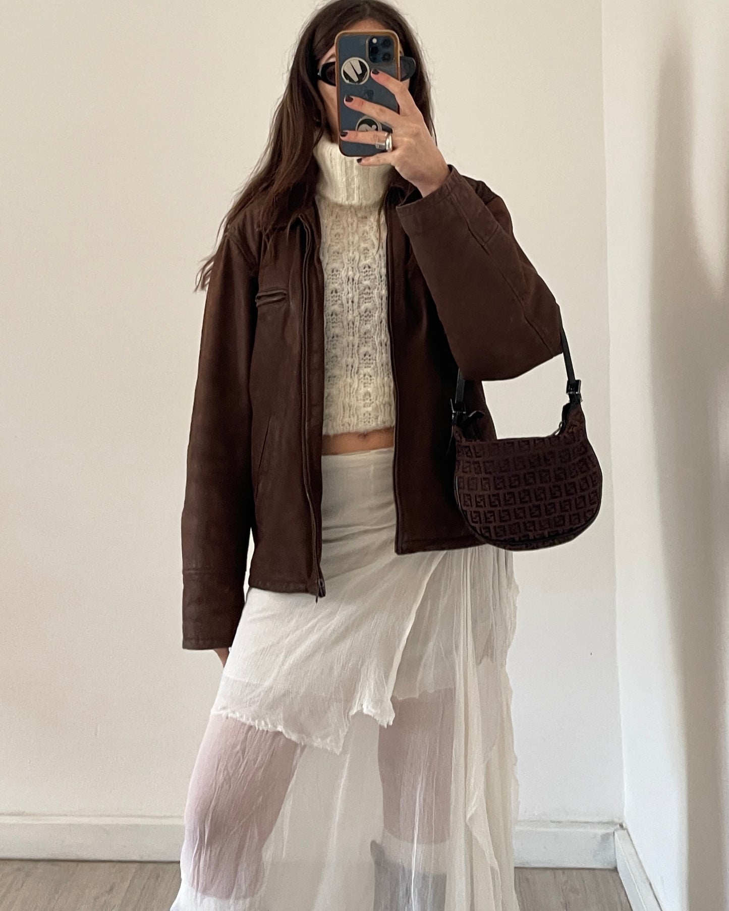 Brown leather bomber jacket