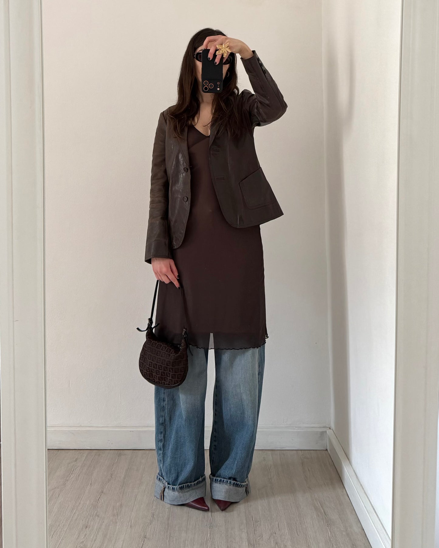 Brown distressed leather blazer jacket