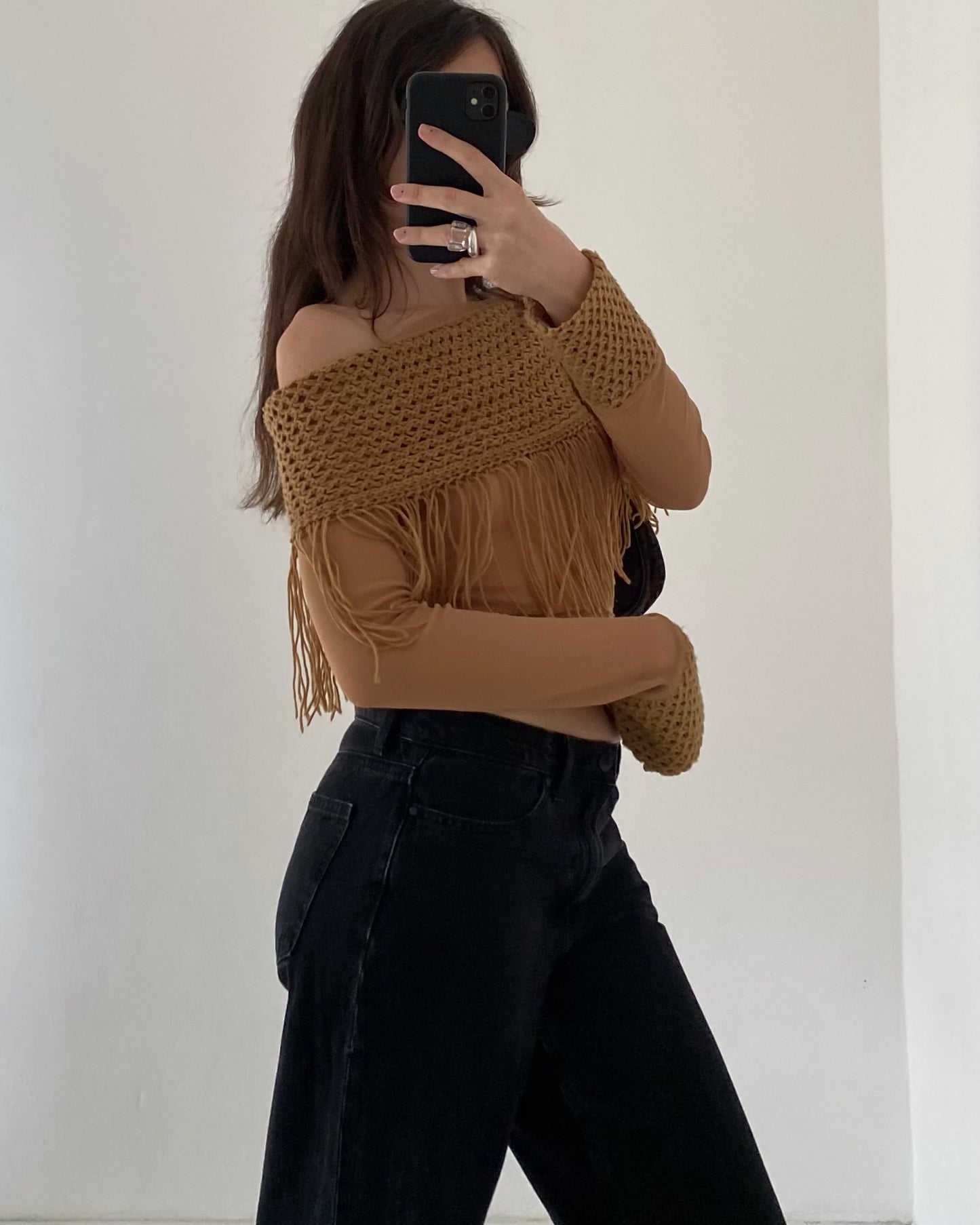 Sheer fringed micro mesh top