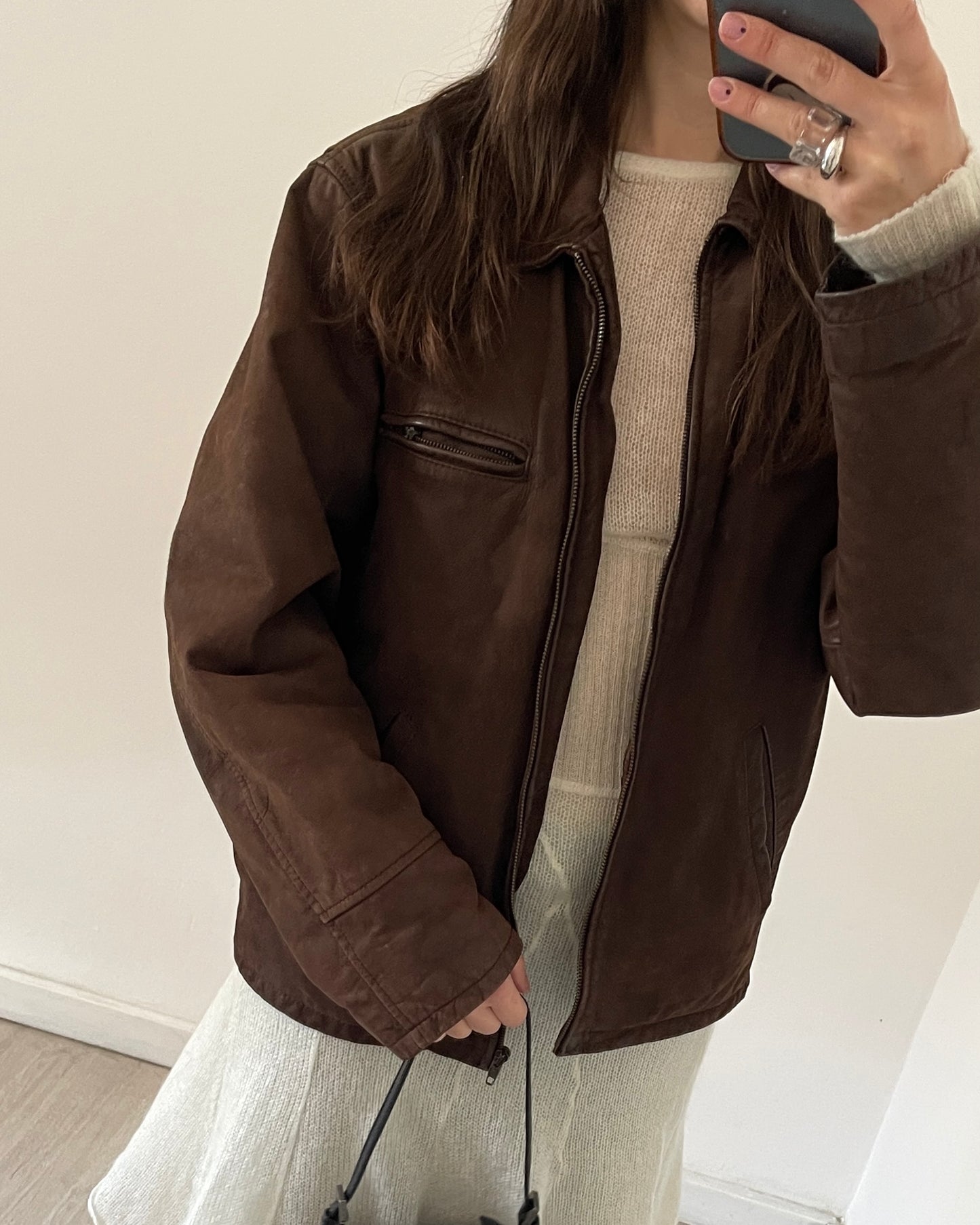 Brown leather bomber jacket