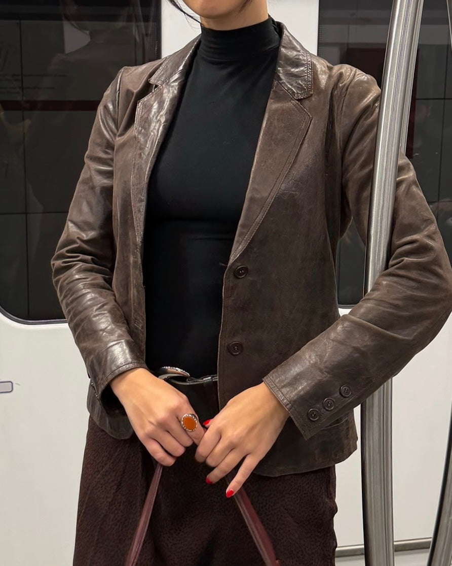 Brown distressed leather blazer jacket