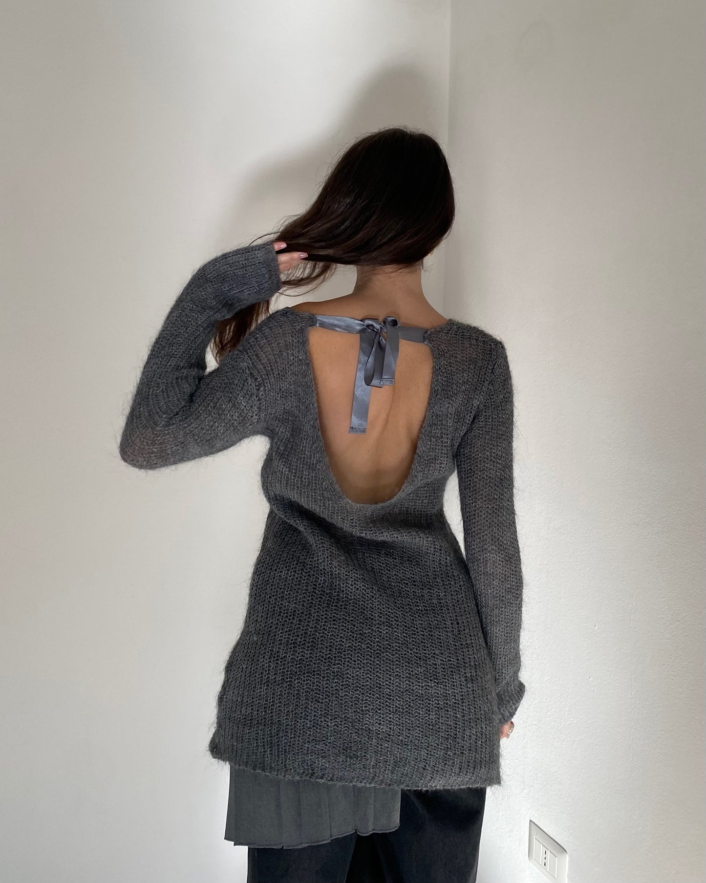 Mohair knit top with satin ribbon