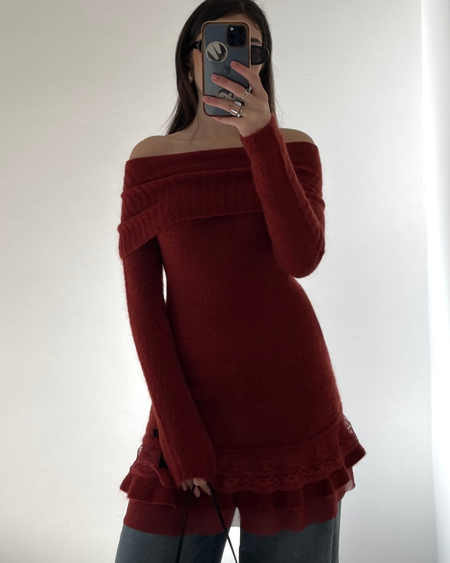Knit dress with lace volants