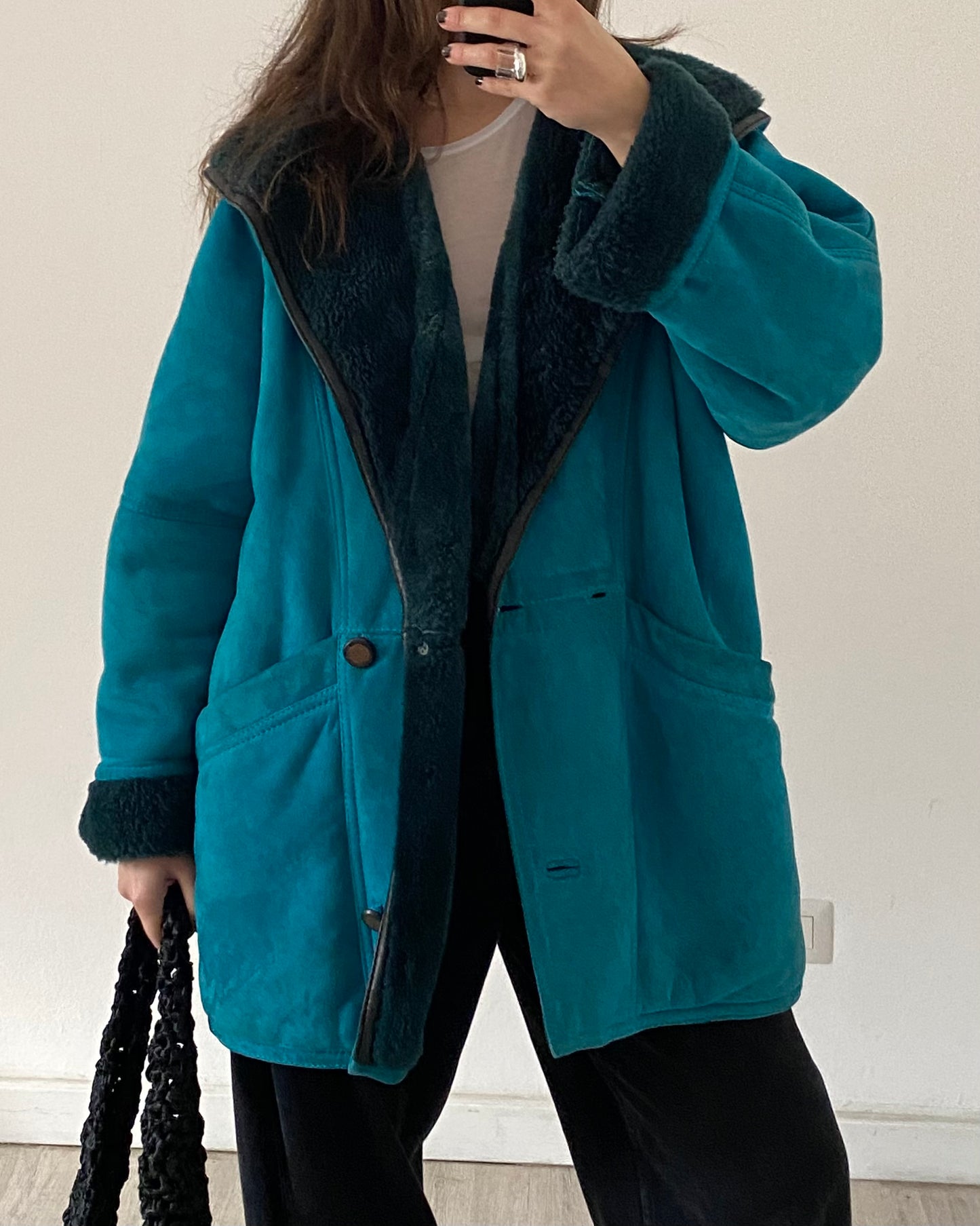 Teal shearling coat