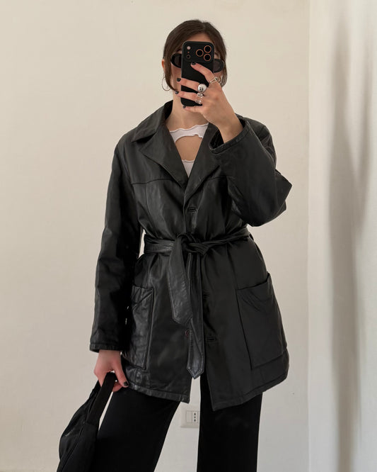 Belted leather jacket