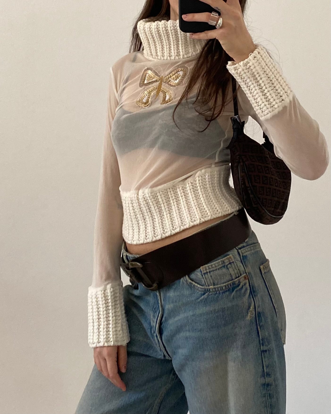 Sheer micro mesh turtleneck top