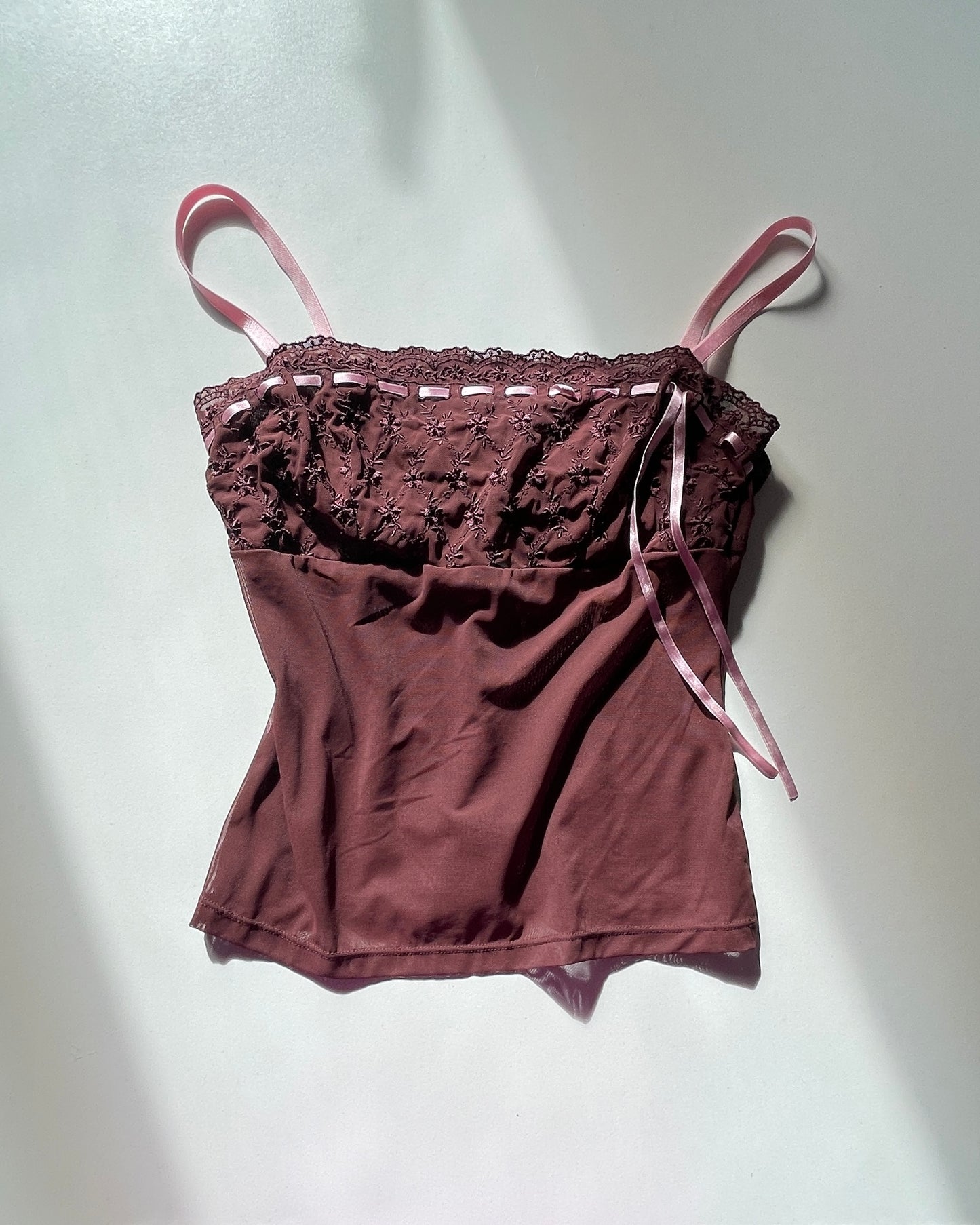 Sheer top with baby pink ribbon