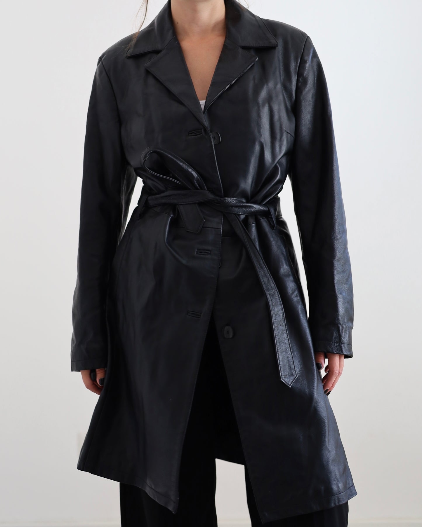 Belted leather trench jacket