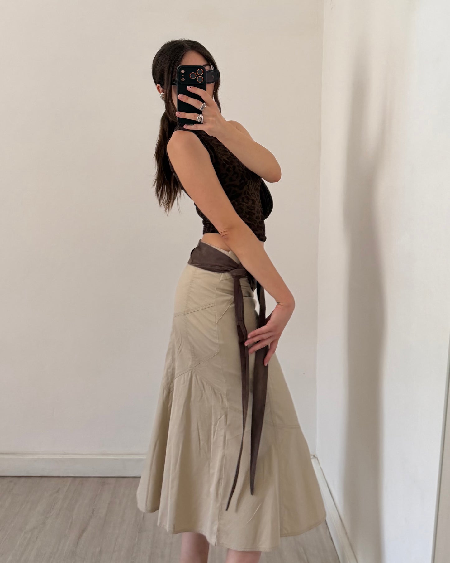 Beige cotton midi skirt