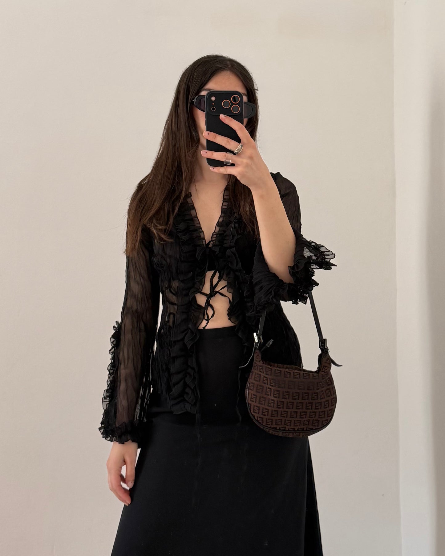 Sheer crinkle lace up blouse